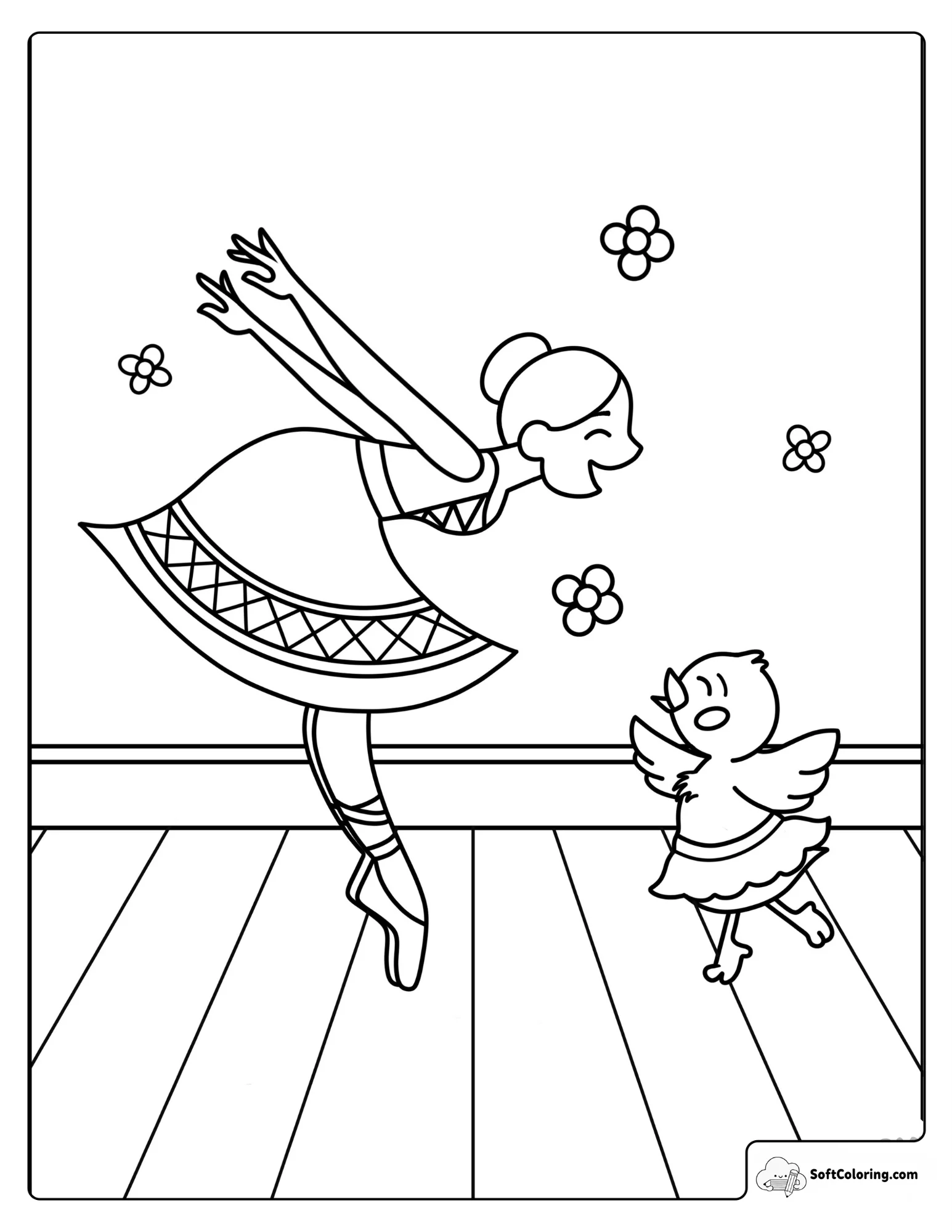 Ballerina Dancing With Adorable Baby Chick Coloring Page