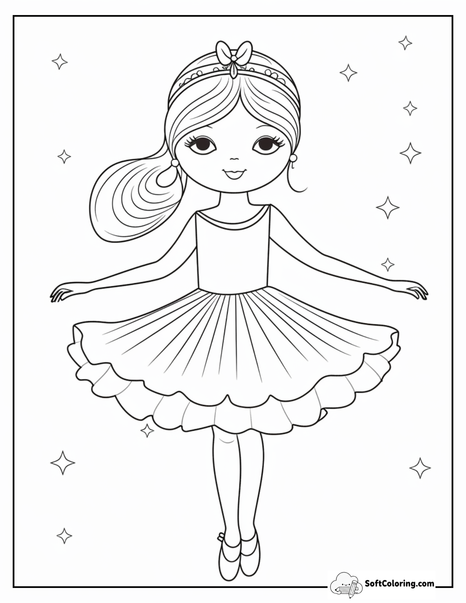Charming Ballerina With Flower Crown And Stars Coloring Page
