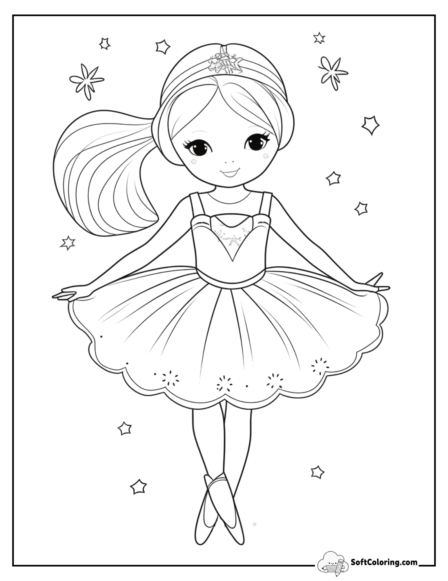 Cute Girl Ballerina With Ponytail And Stars Coloring Page