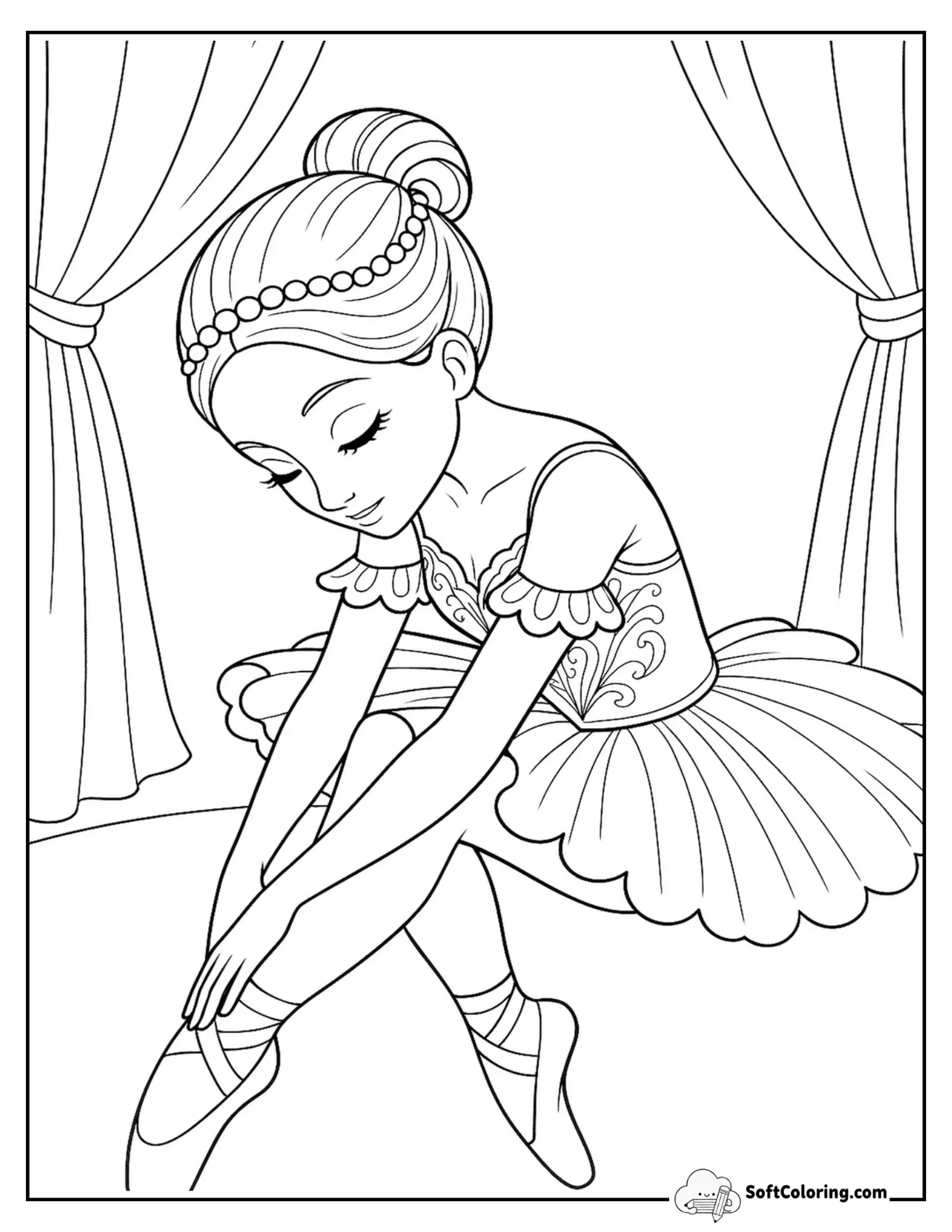 Graceful Ballerina Putting On Ballet Shoes Coloring Page