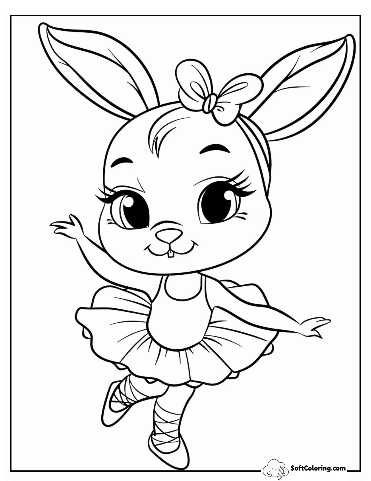 Cute Bunny Ballerina With Floral Bow Coloring Page