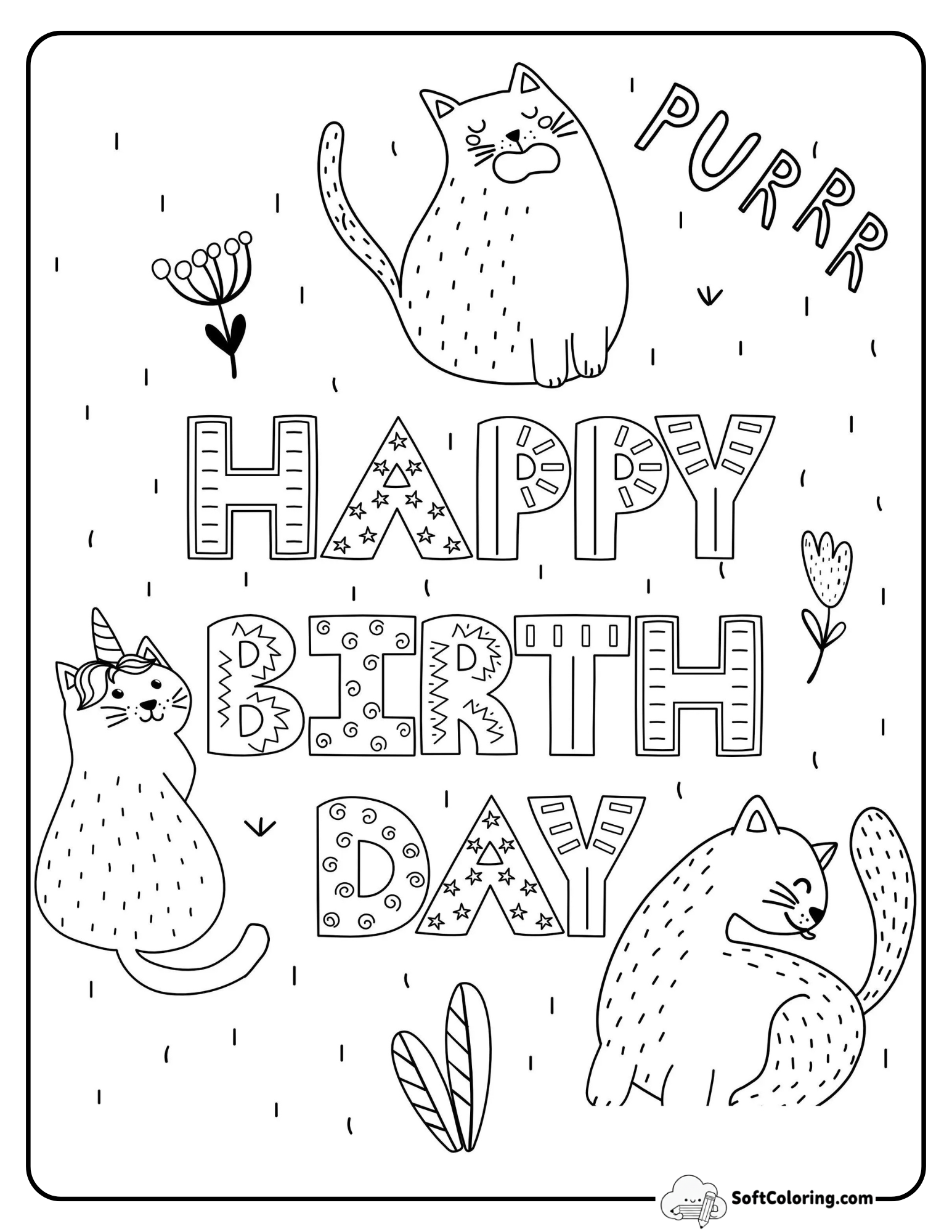 Cute Cats "Happy Birthday" Picture To Color
