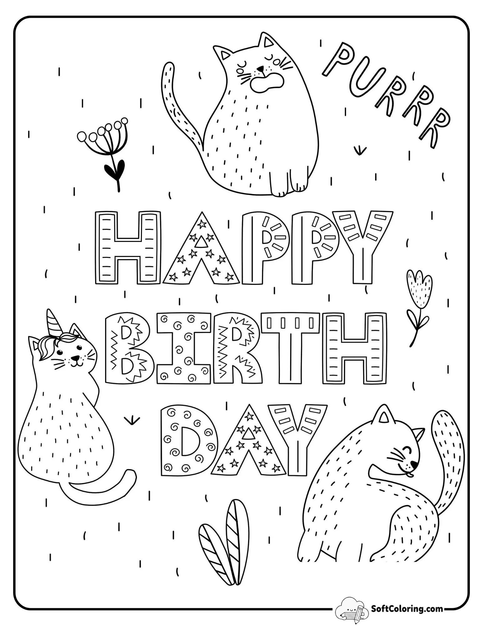 Cute Cats "Happy Birthday" Picture To Color
