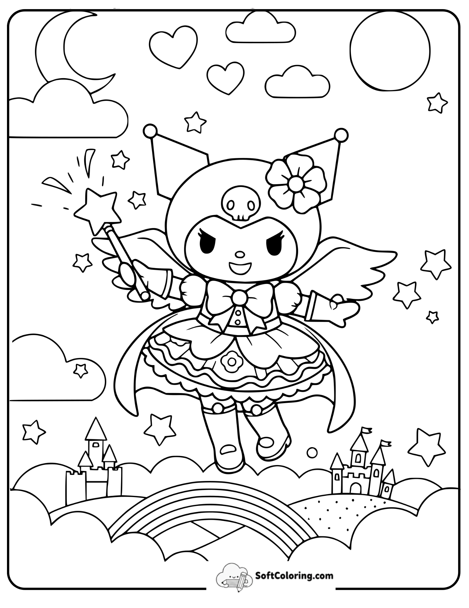 Fairy Kuromi Flying Over Rainbow Coloring Page