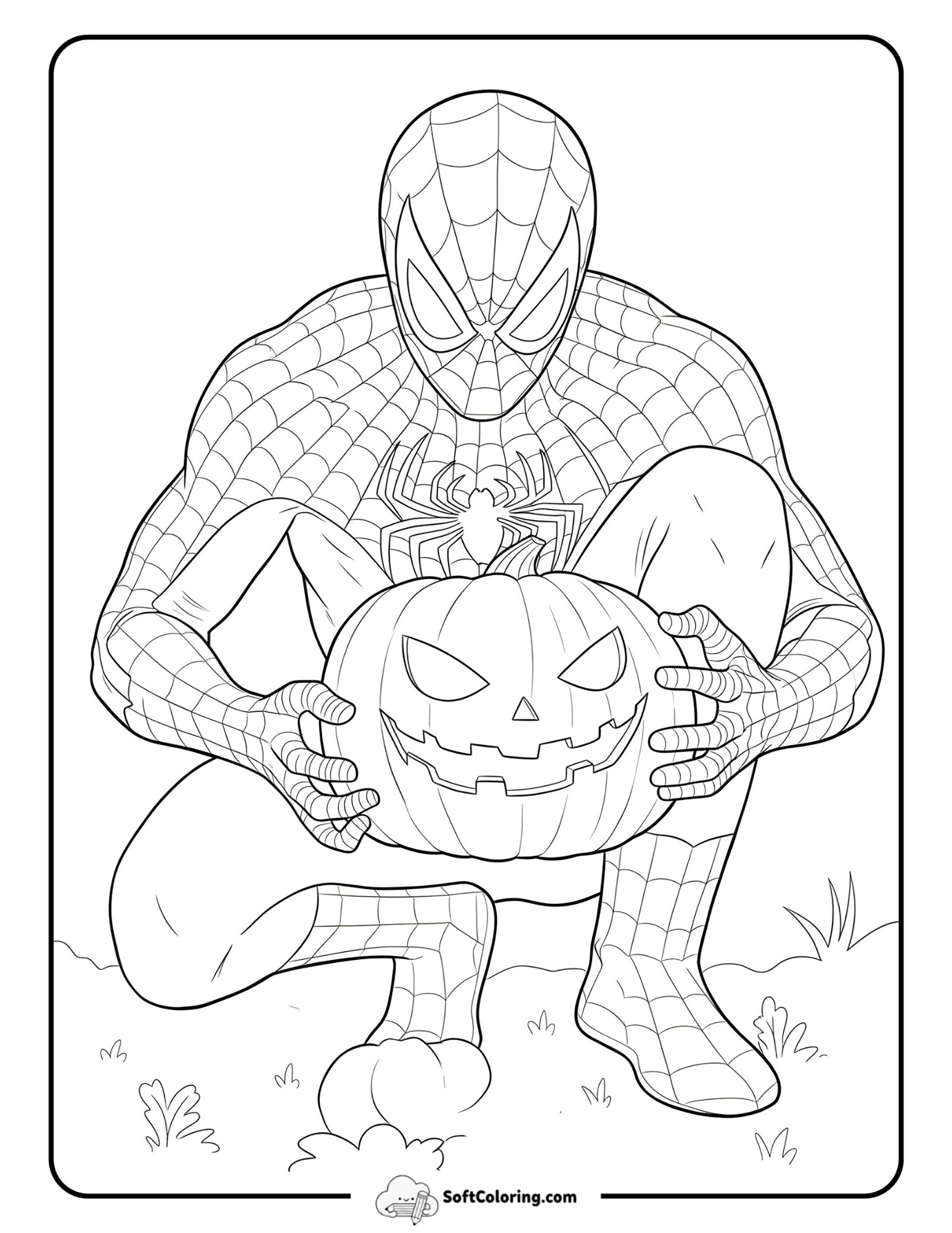 Spider-Man Crouching While Holding A Carved Pumpkin