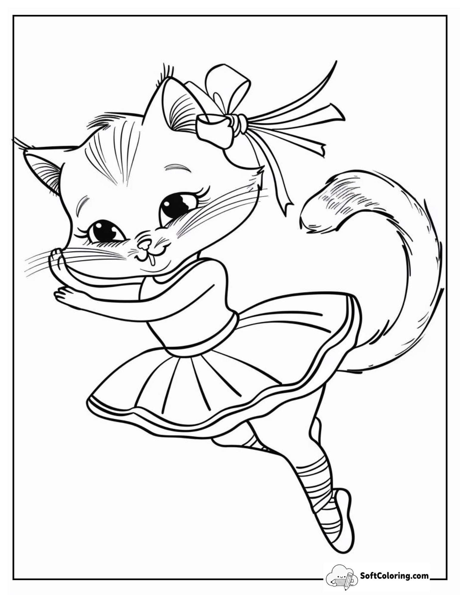 Pretty Kitten Ballerina With Big Bow Coloring Page