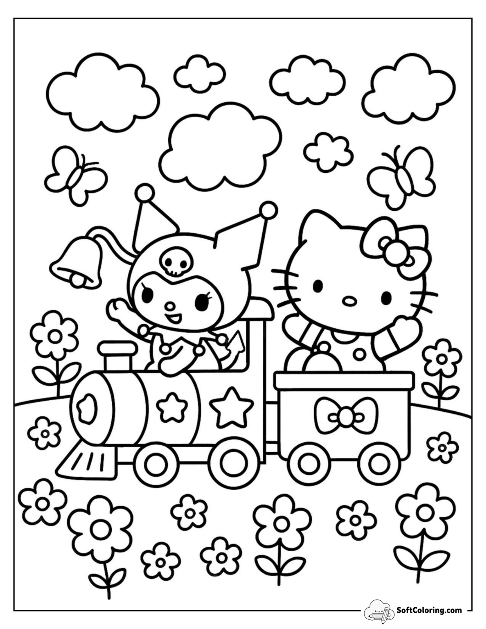 Kuromi And Hello Kitty Riding A Flower-Filled Train