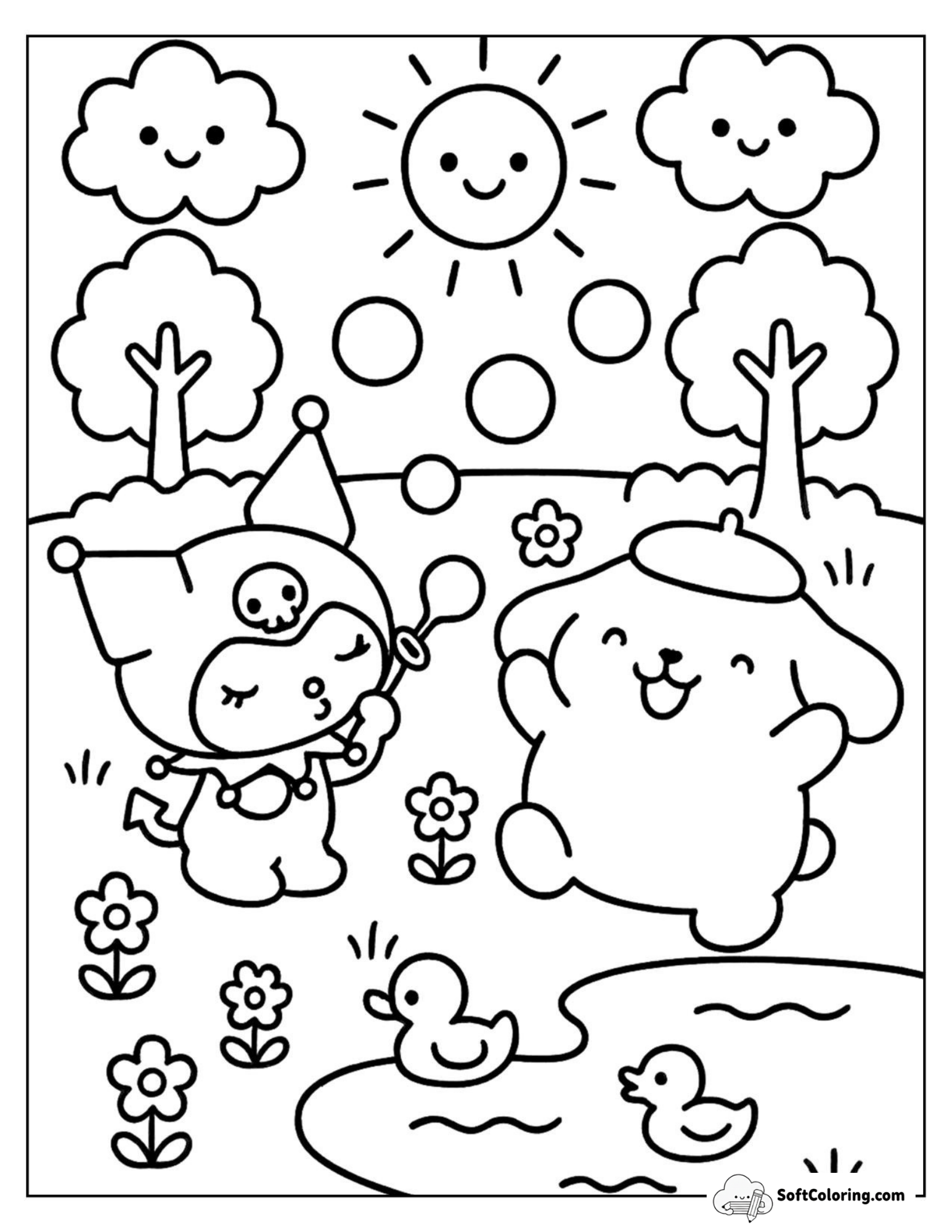 Kuromi And Pompompurin Laugh By A Sunny Pond
