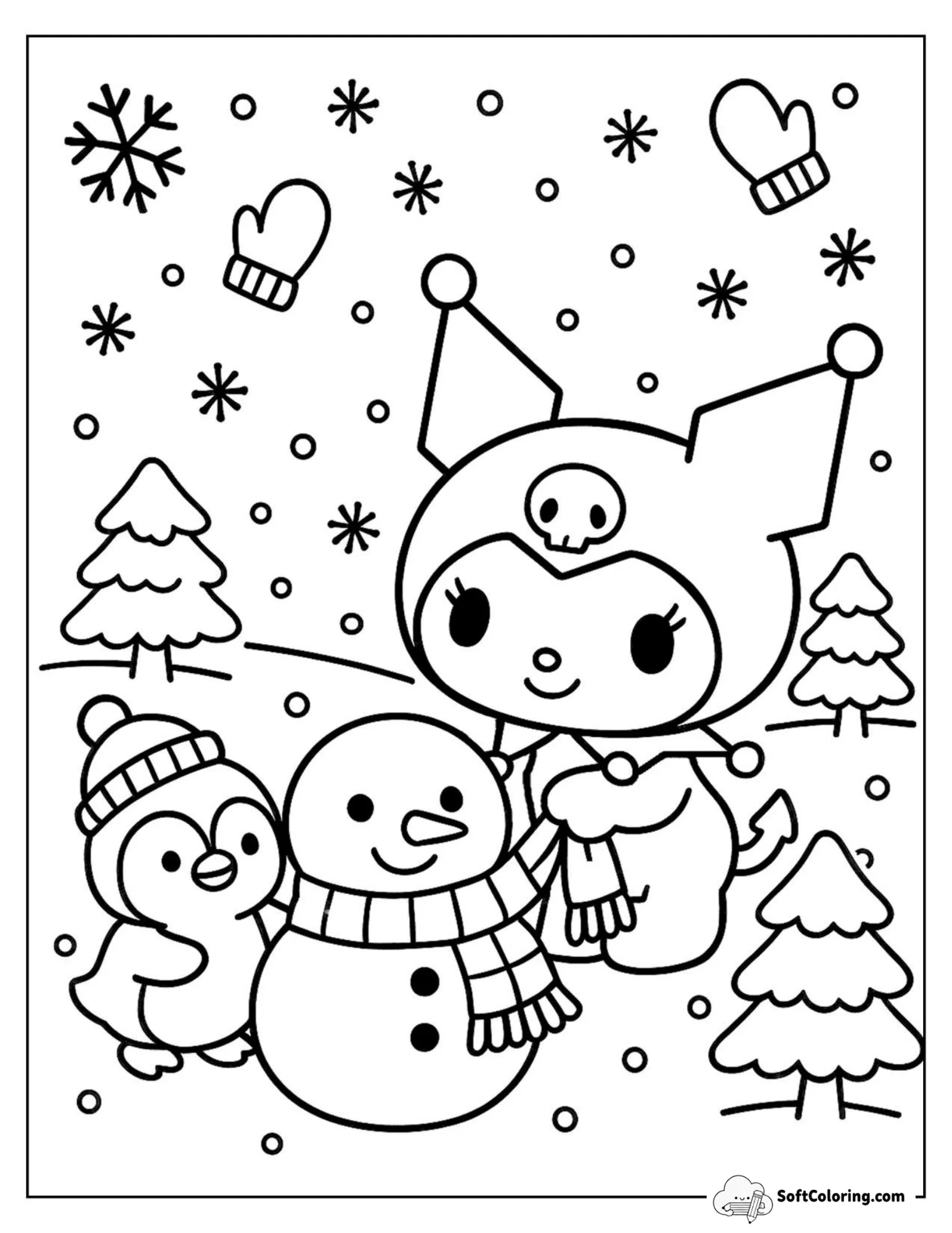 Kuromi Builds A Snowman Beside A Cheerful Penguin