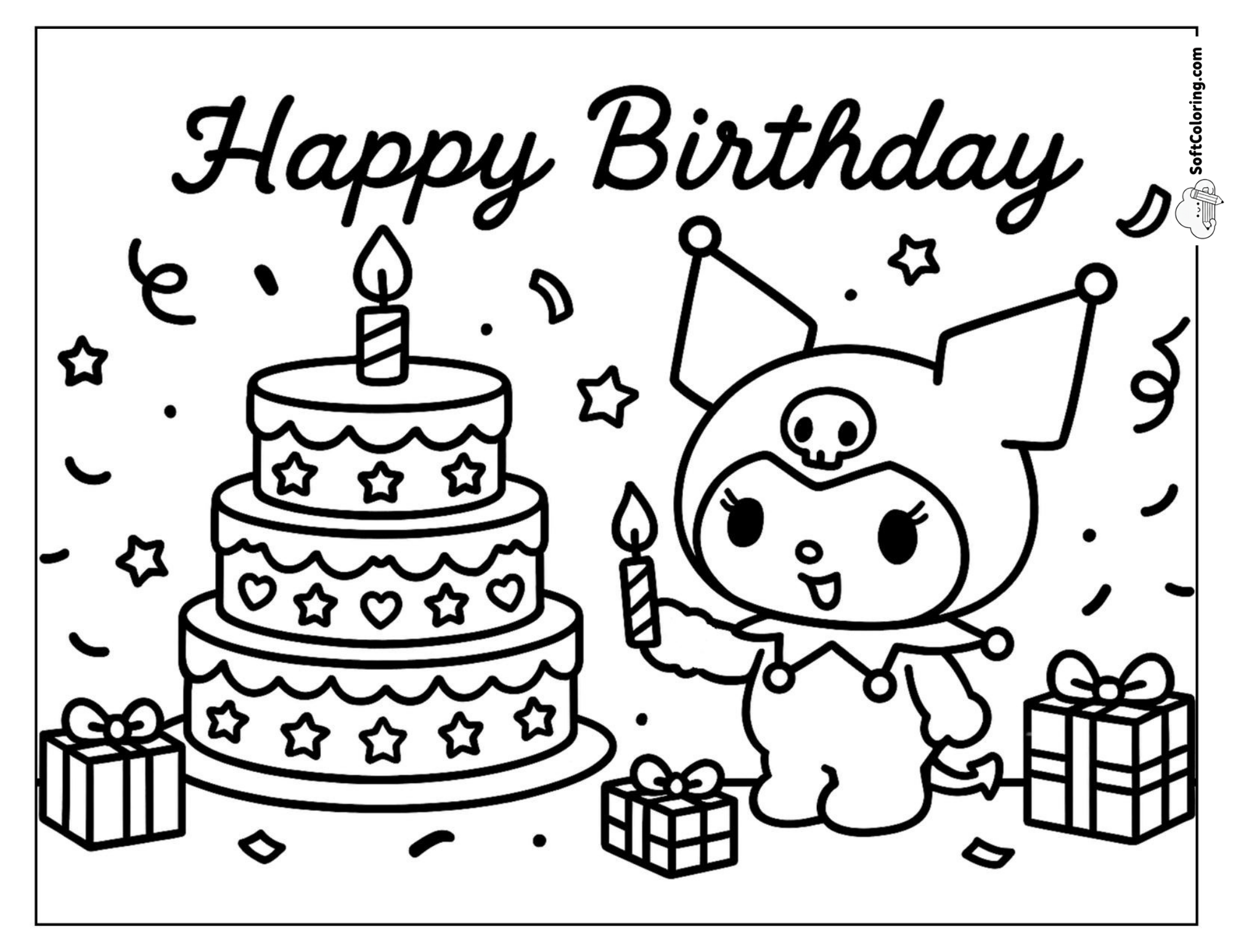 Kuromi Stands By A Tall Birthday Cake With Candle
