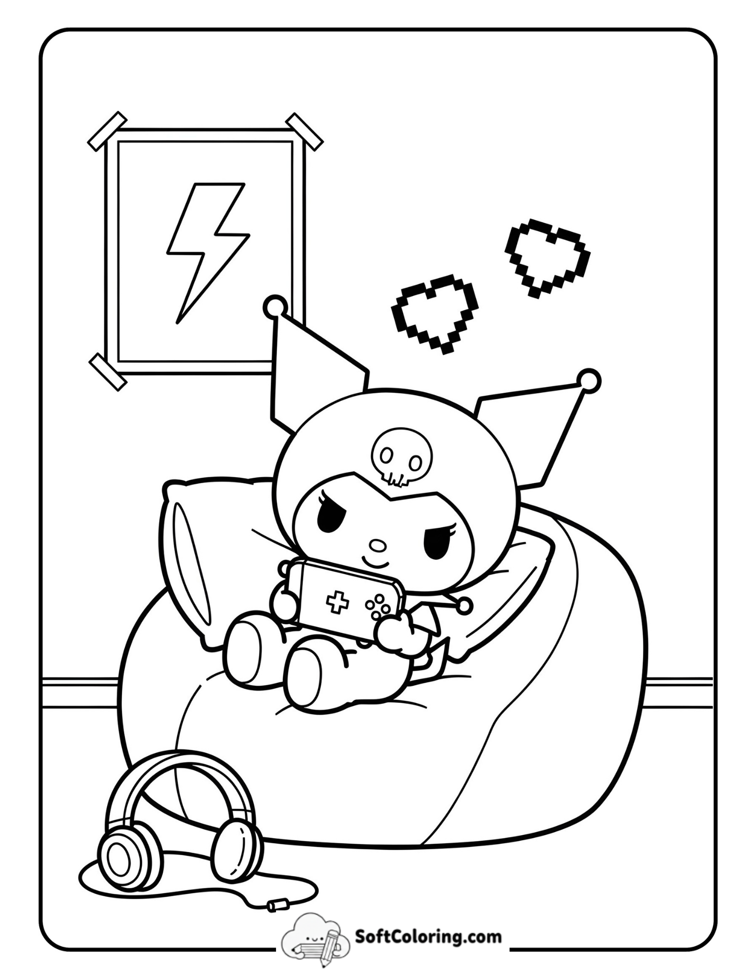 Kuromi Lounges On A Beanbag With A Handheld Console.