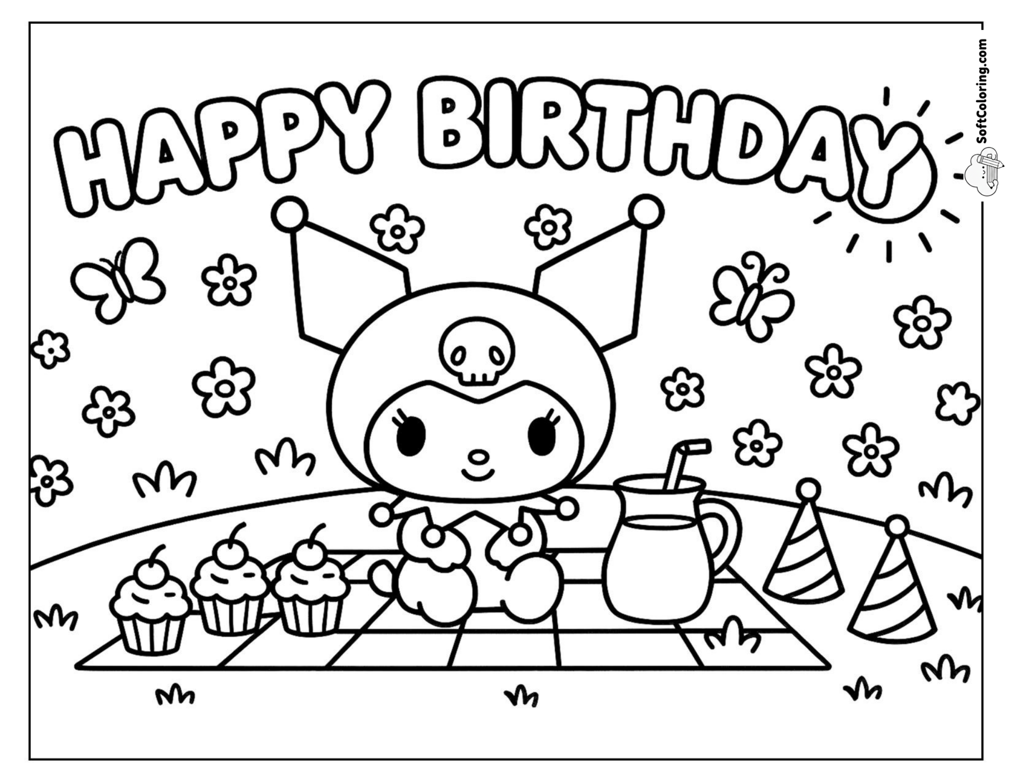 Kuromi By A Table Of Cupcakes And Party Hats
