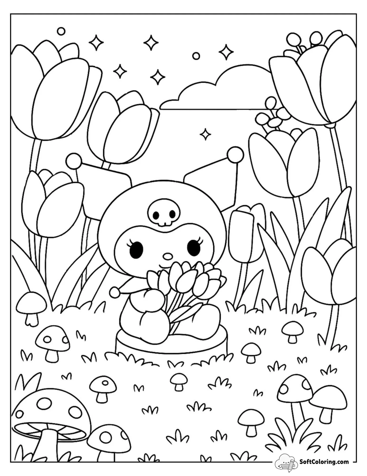 Kuromi Hugs A Bouquet In A Garden Full Of Tulips