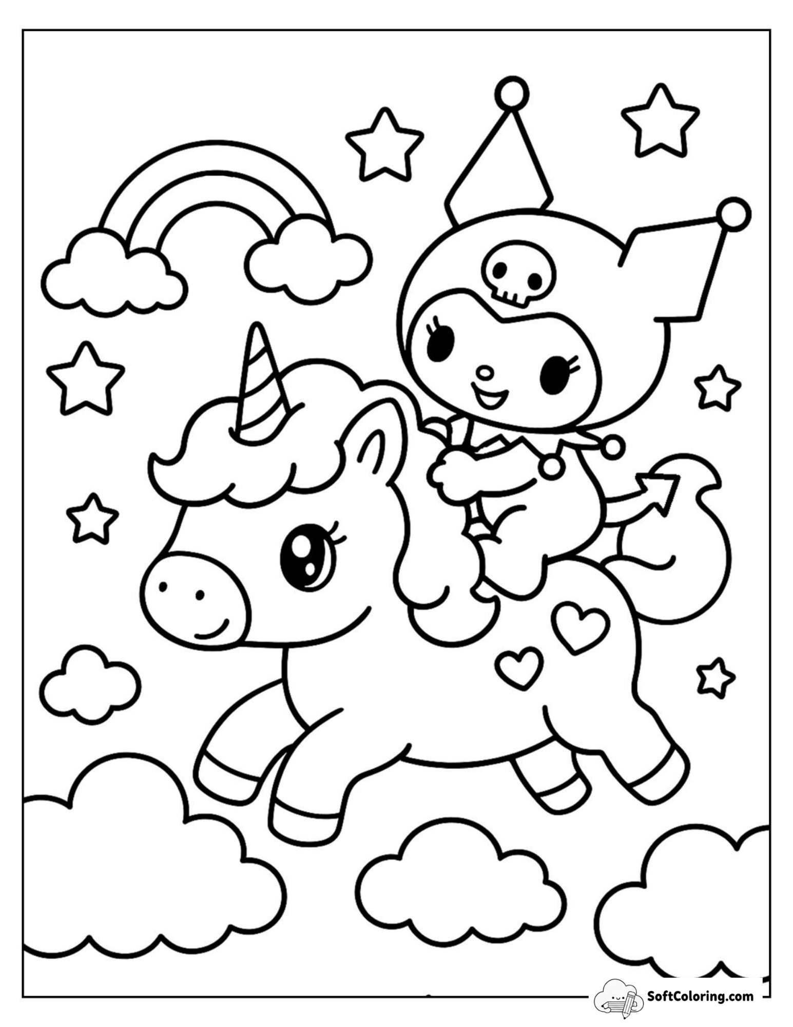 Kuromi Rides A Magical Unicorn Through Fluffy Clouds And Rainbows