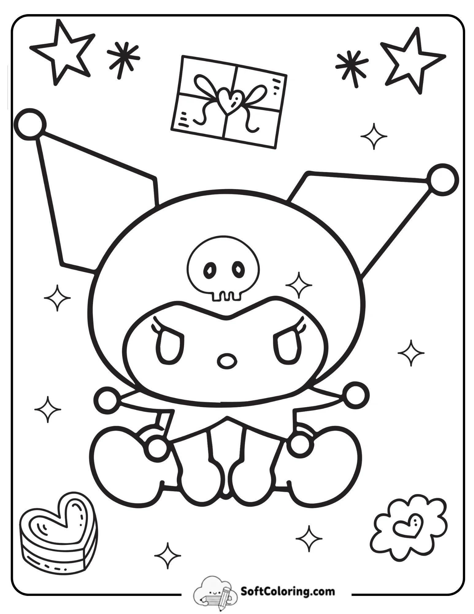 Kuromi Sitting With Gift Box Coloring Page