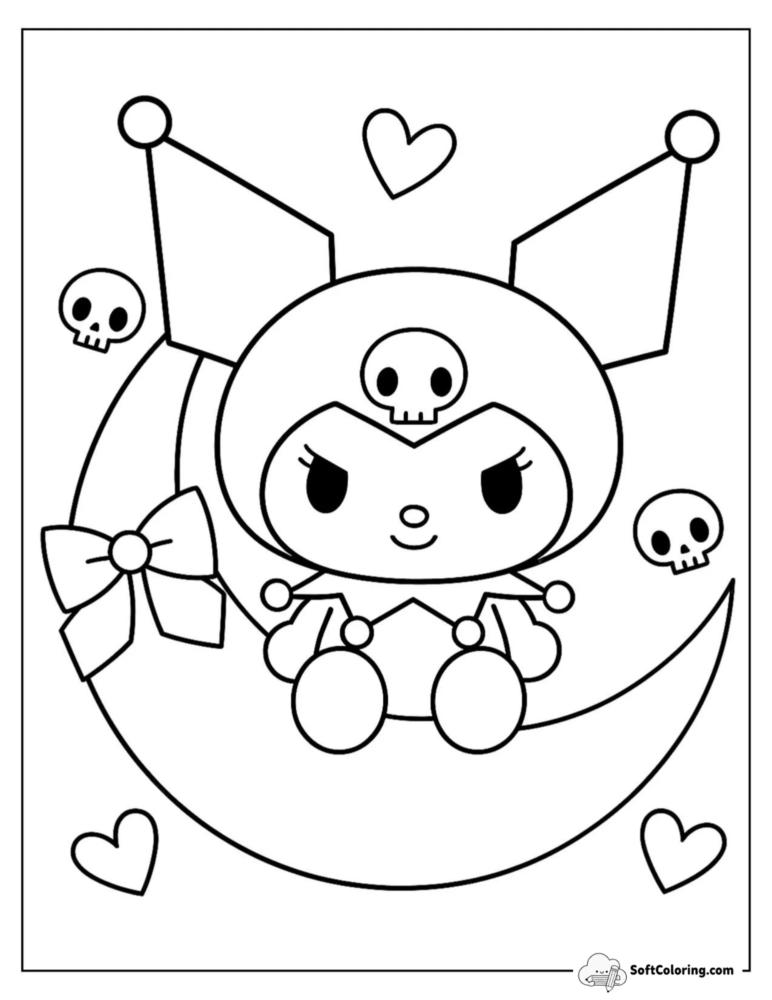Kuromi Sitting On A Crescent Moon With Skulls And Hearts Around