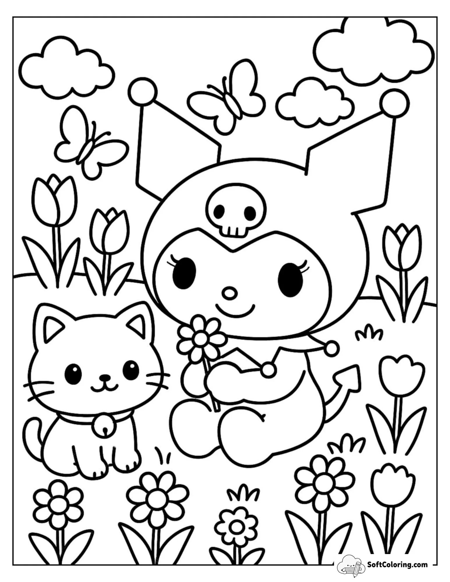 Kuromi Sits In A Tulip-Filled Garden Next To Cat