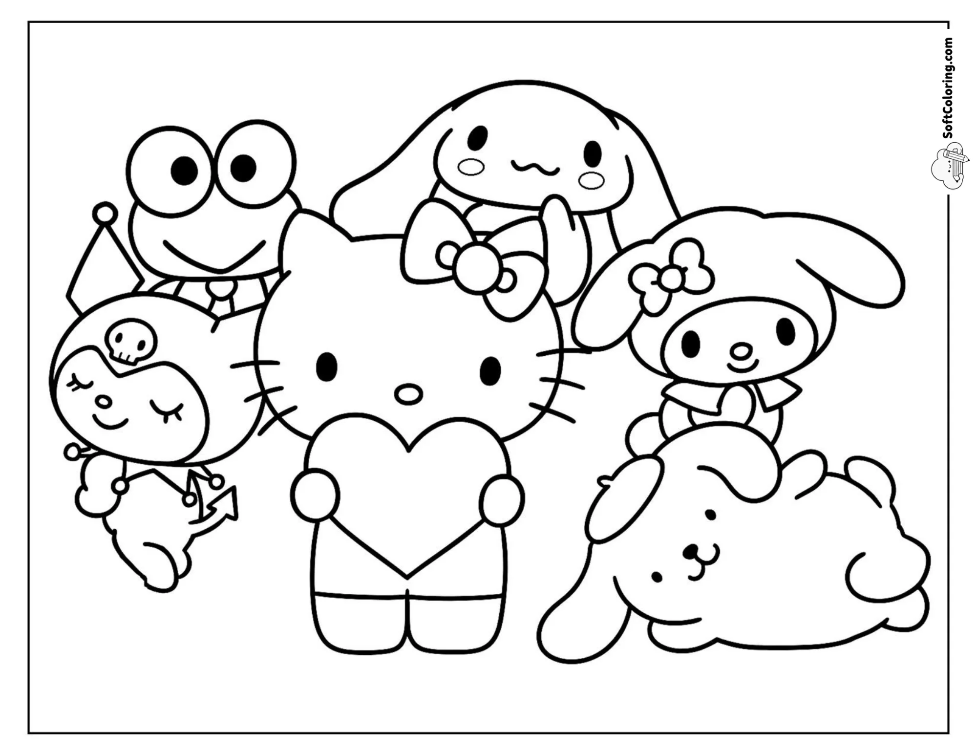 Keroppi, Kuromi, My Melody, And Pompompurin, Hello Kitty Holds A Heart