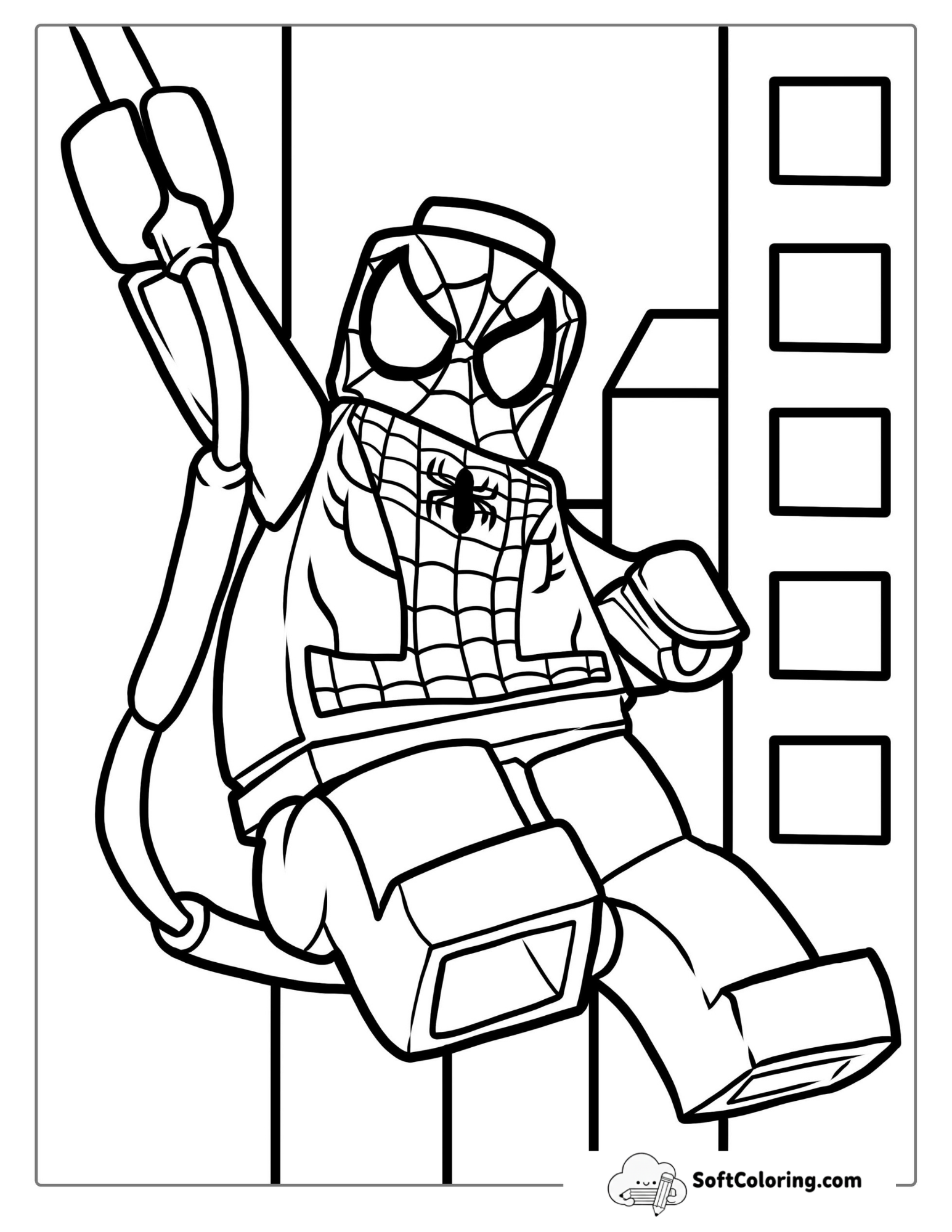 Lego Spider-Man With Webs Swinging Through City