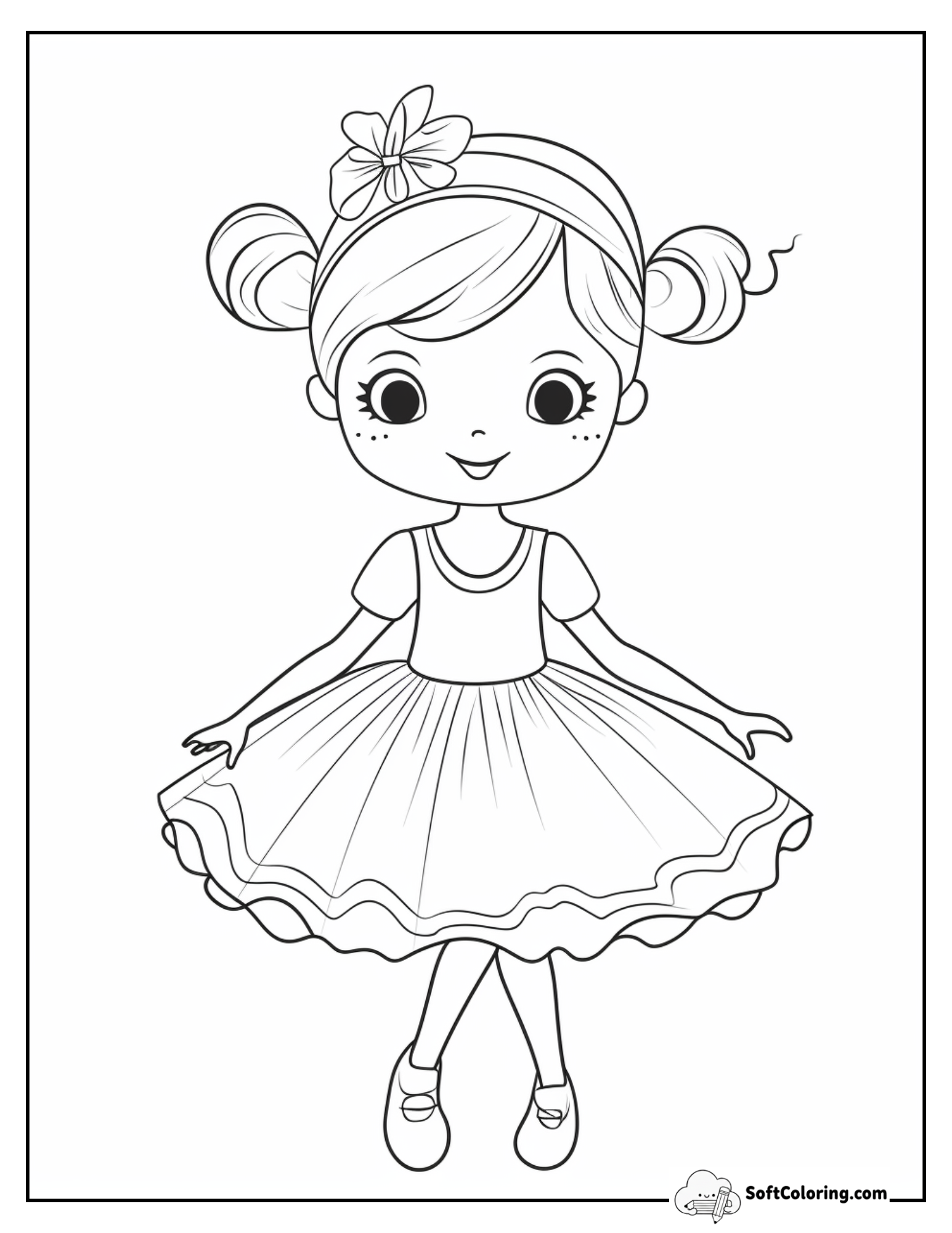 Little Ballerina With Buns And Flower Accessory Coloring Page