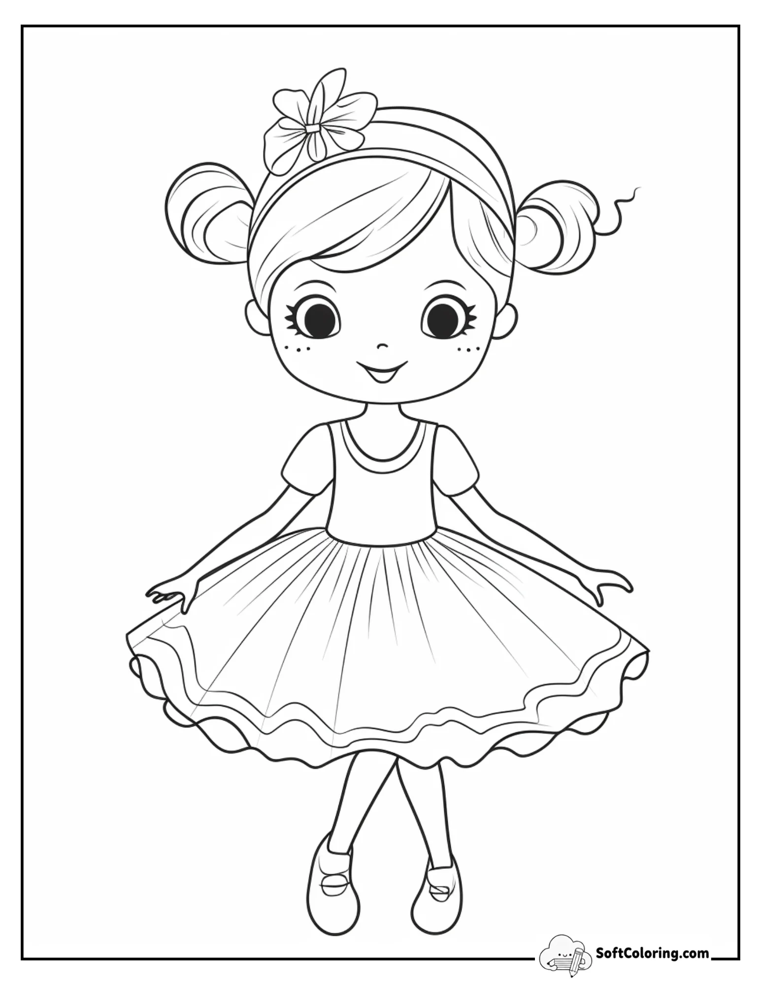 Little Ballerina With Buns And Flower Accessory Coloring Page