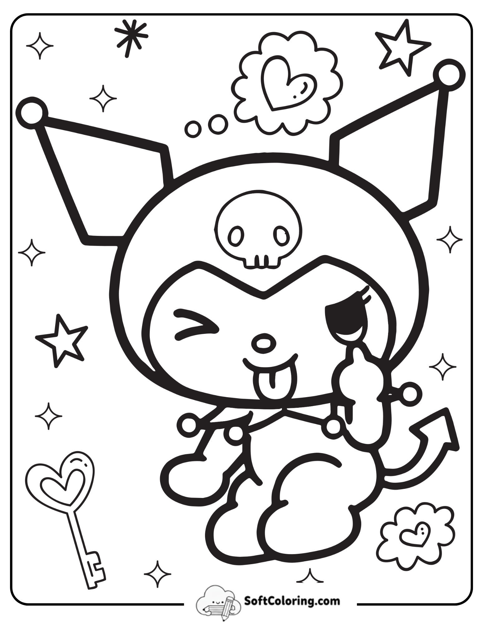 Playful Kuromi Winking With Hearts Coloring Page