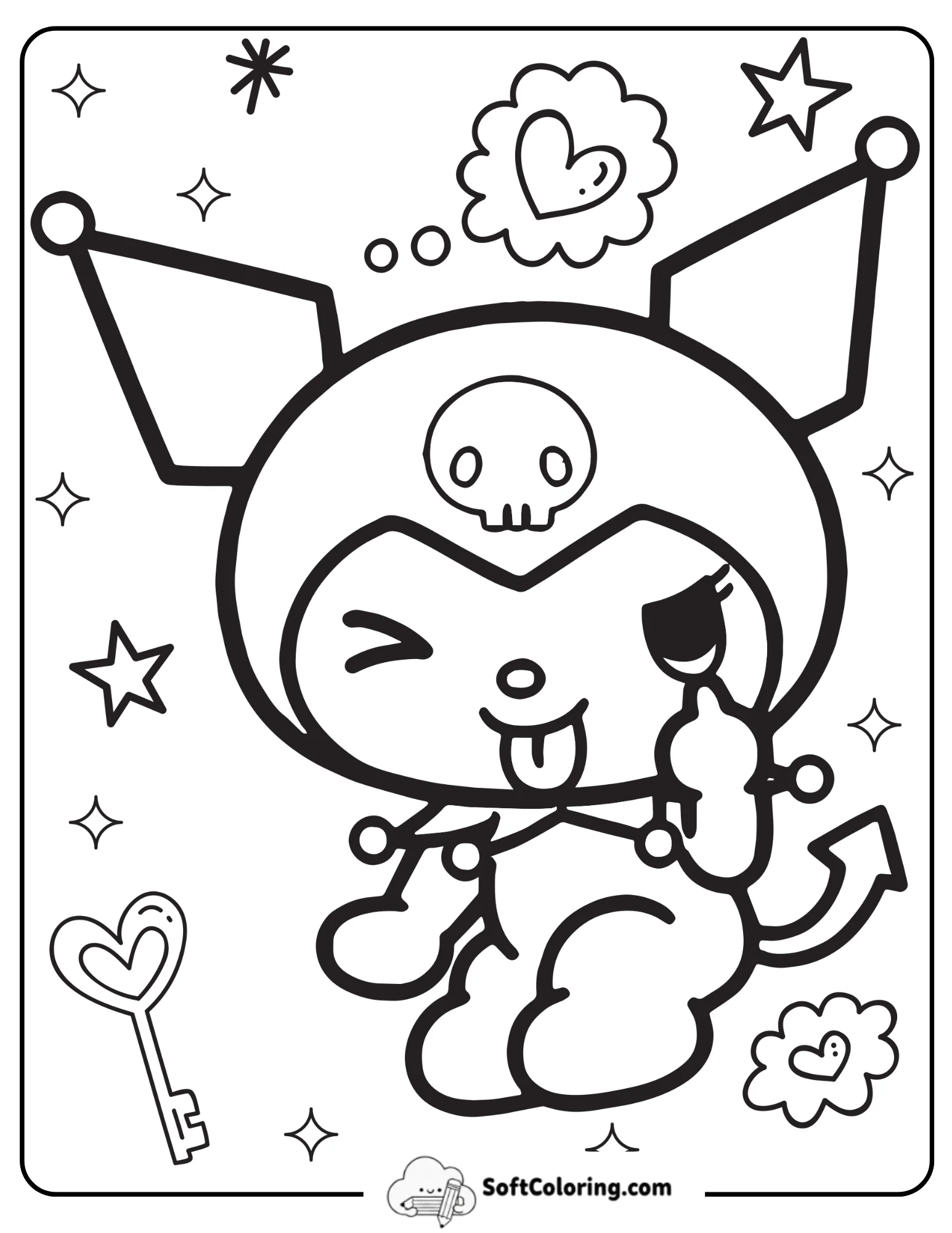 Playful Kuromi Winking With Hearts Coloring Page