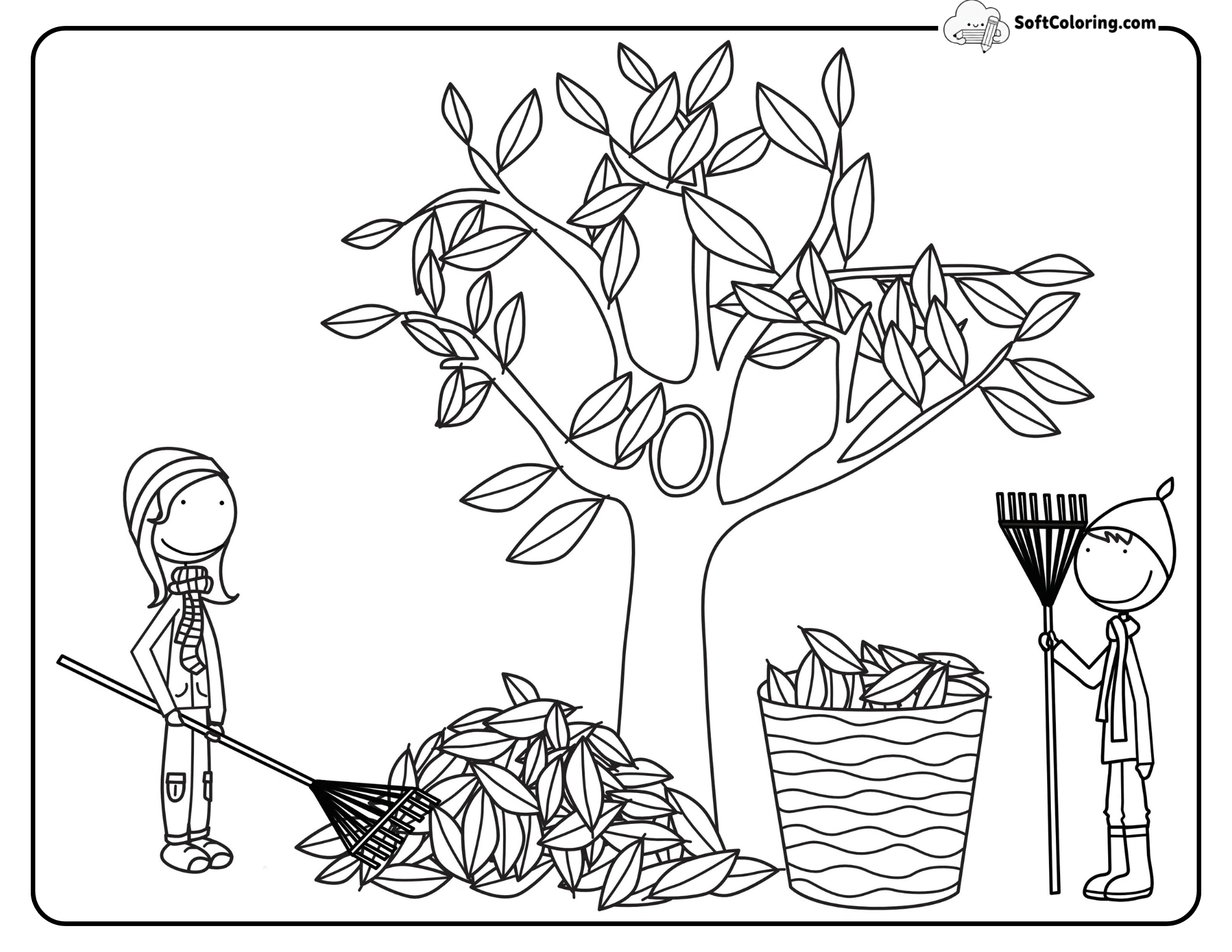 Raking Fall Leaves Autumn Tree Coloring Sheet