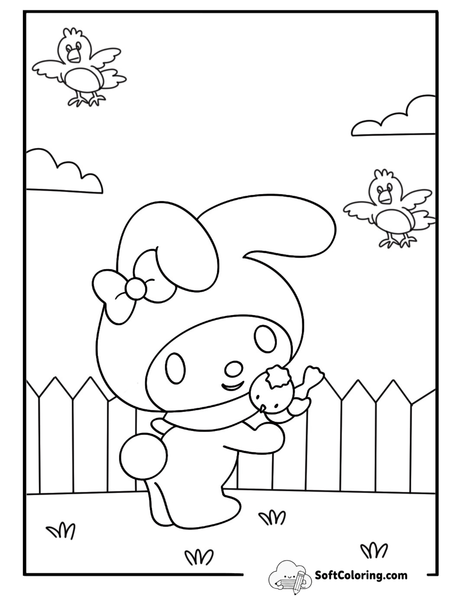 My Melody Feeding Birds On A Fence Simple