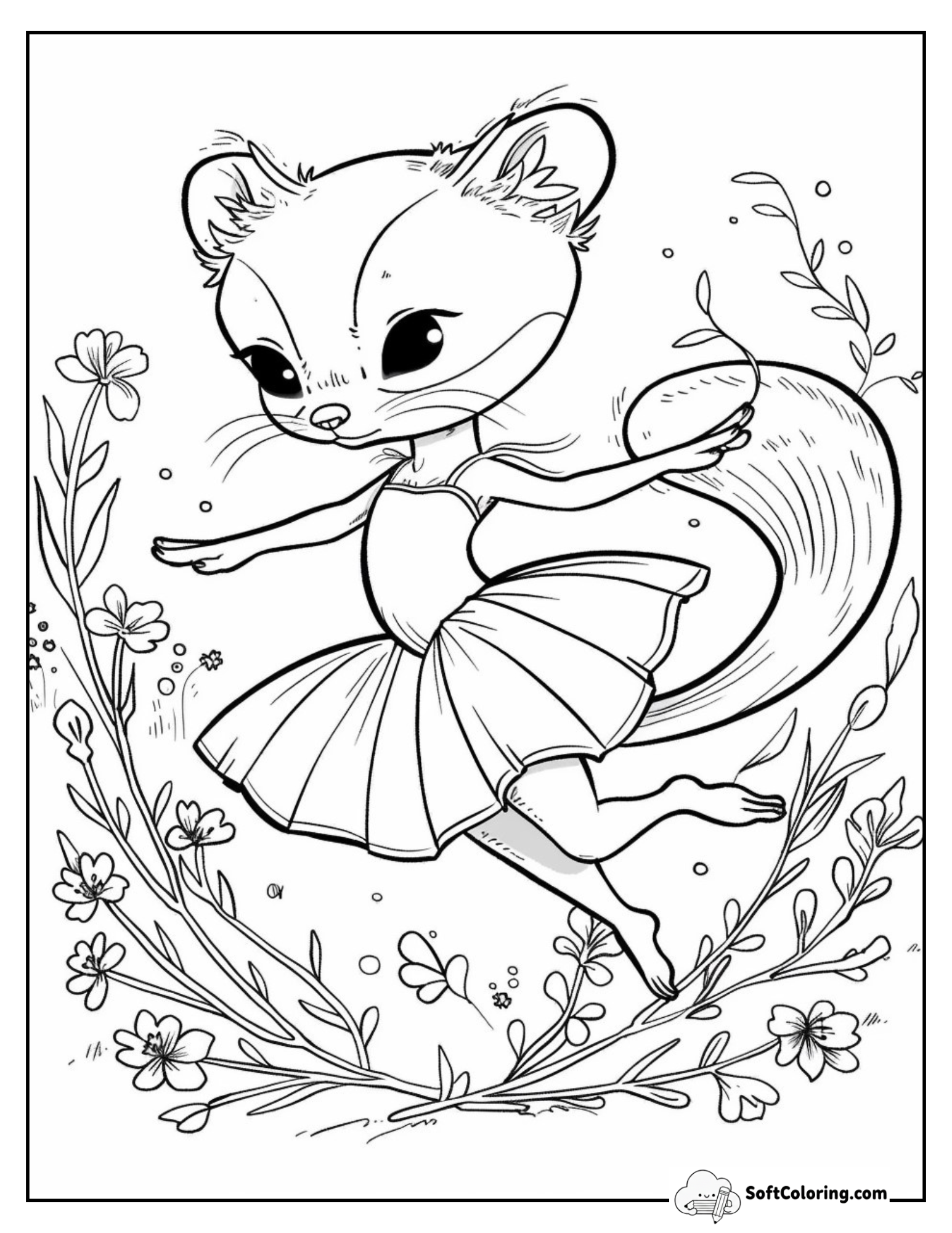 Little Squirrel Ballerina Dancing In The Forest Coloring Page