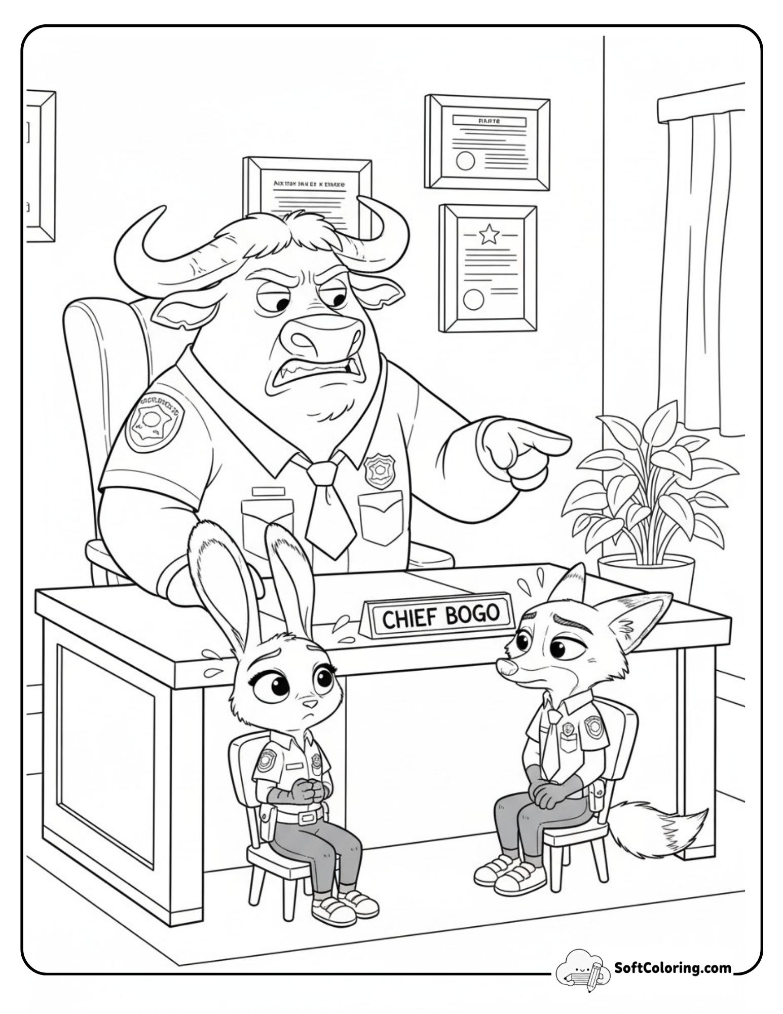 Chief Bogo Scolding Judy Hopps And Nick Wilde In His Office.