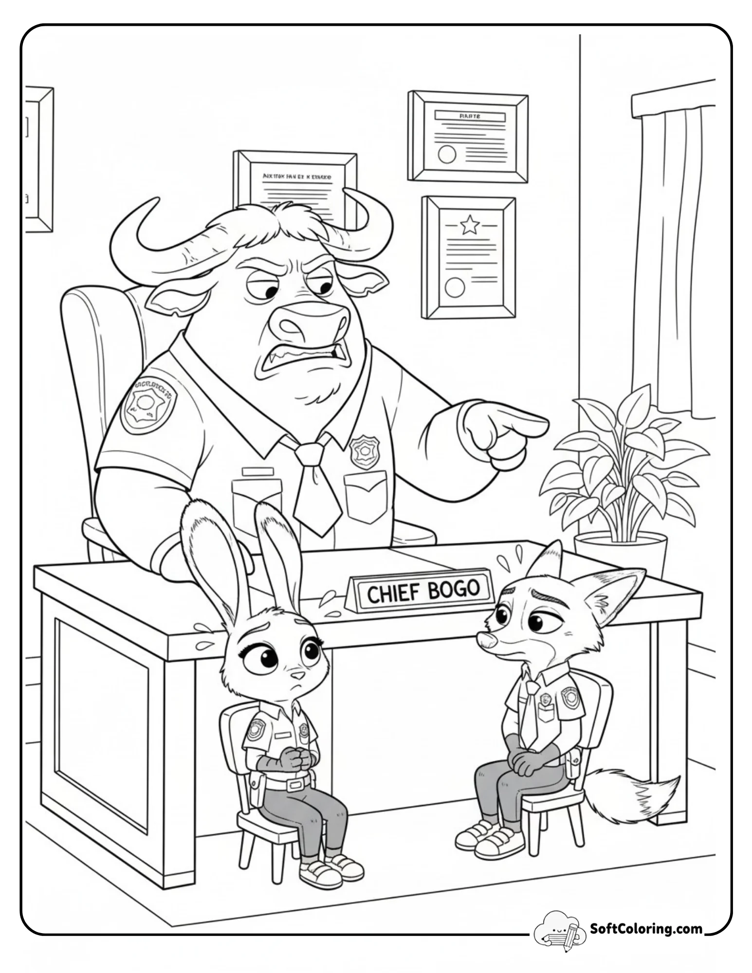 Chief Bogo Scolding Judy Hopps And Nick Wilde In His Office.