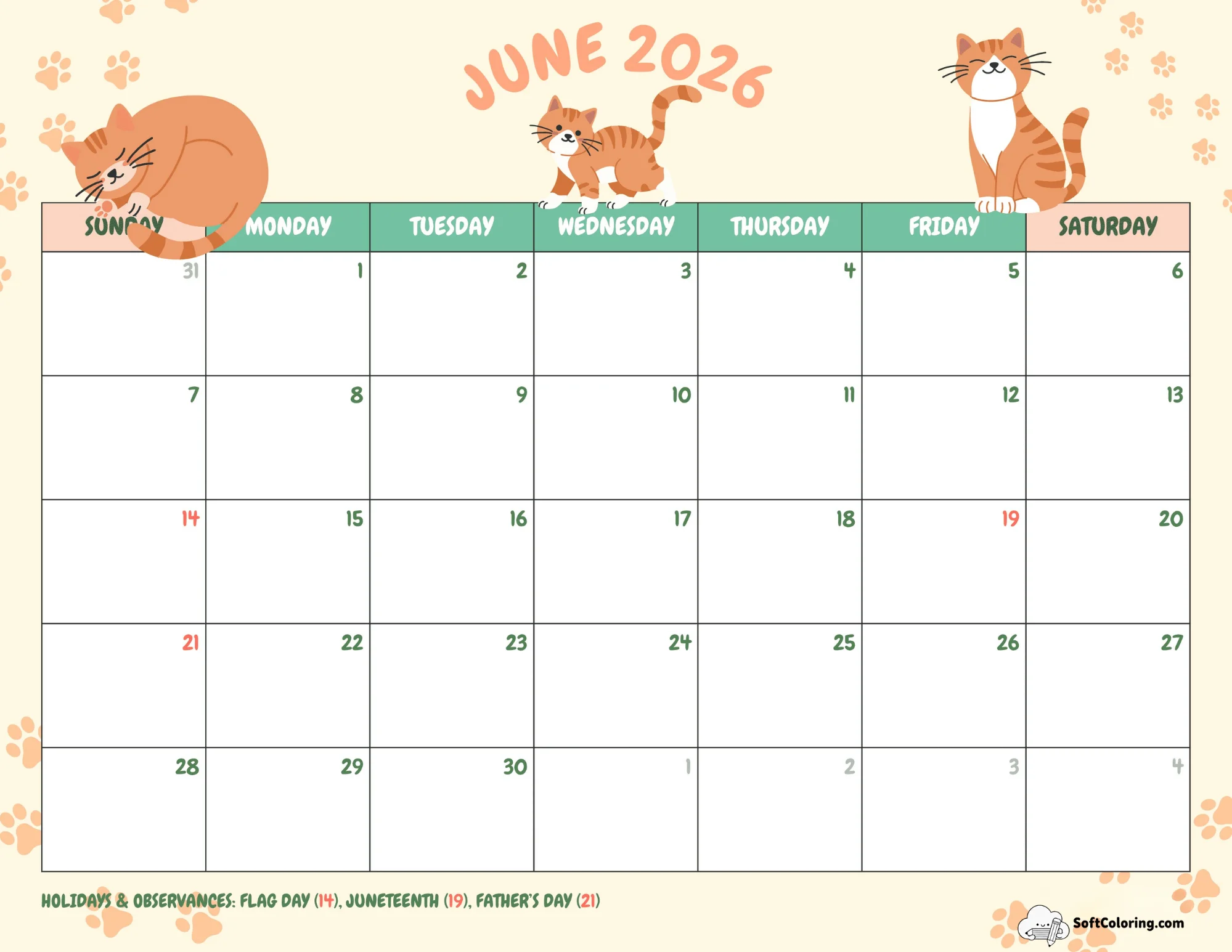 Kitties - June 2026 Calendar