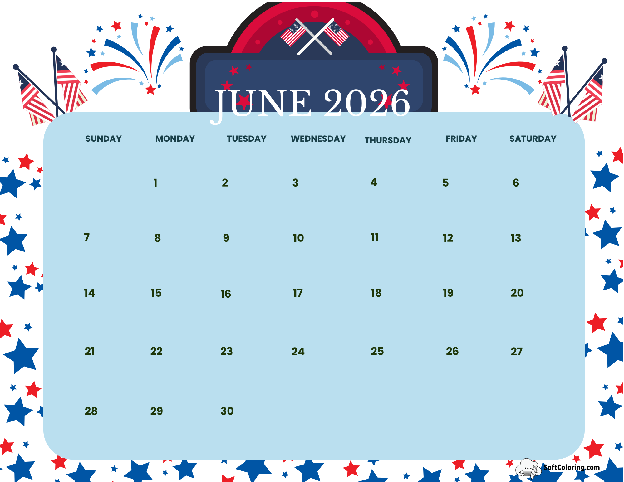 June 2026 Calendar Printable Flag Day Landscape V2