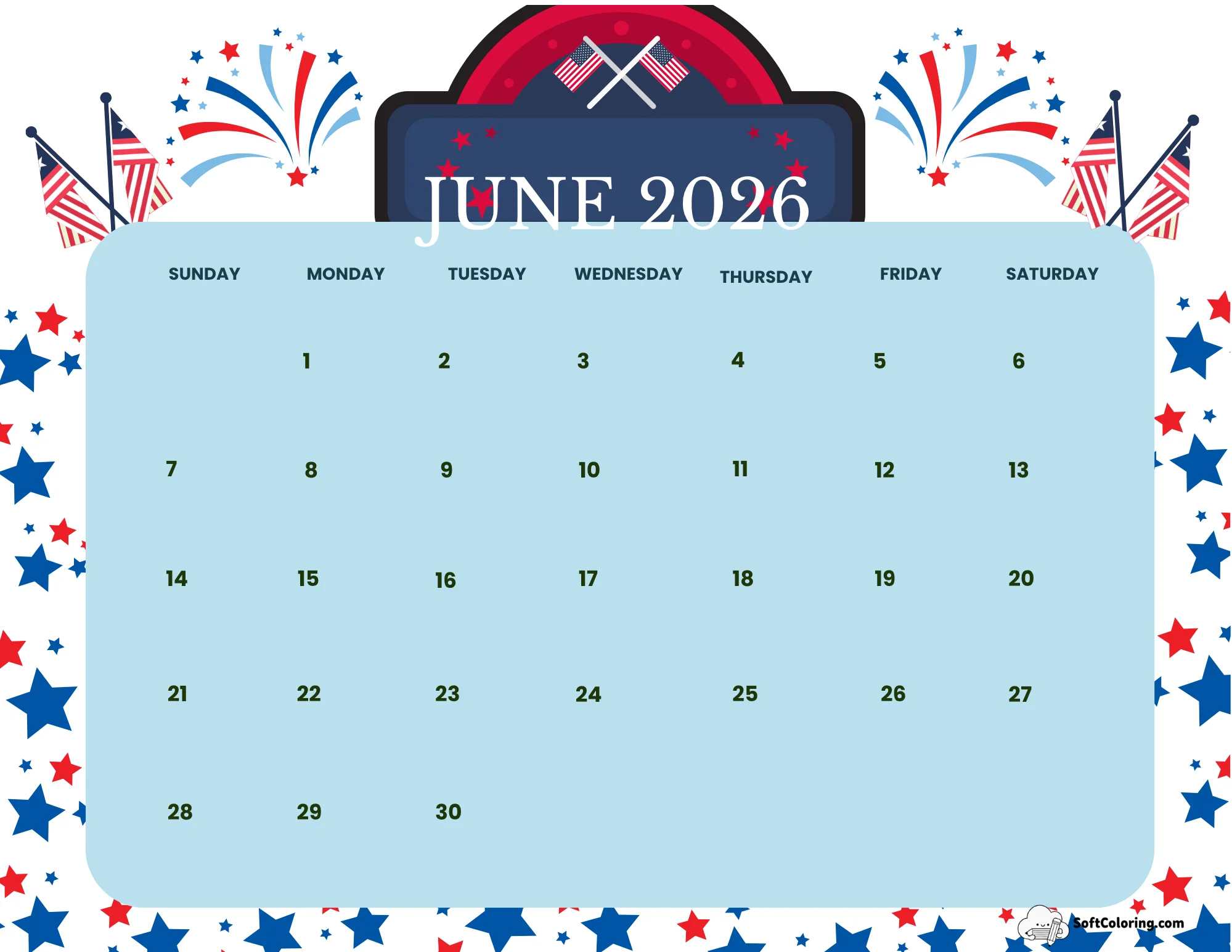 June 2026 Calendar Printable Flag Day Landscape V2
