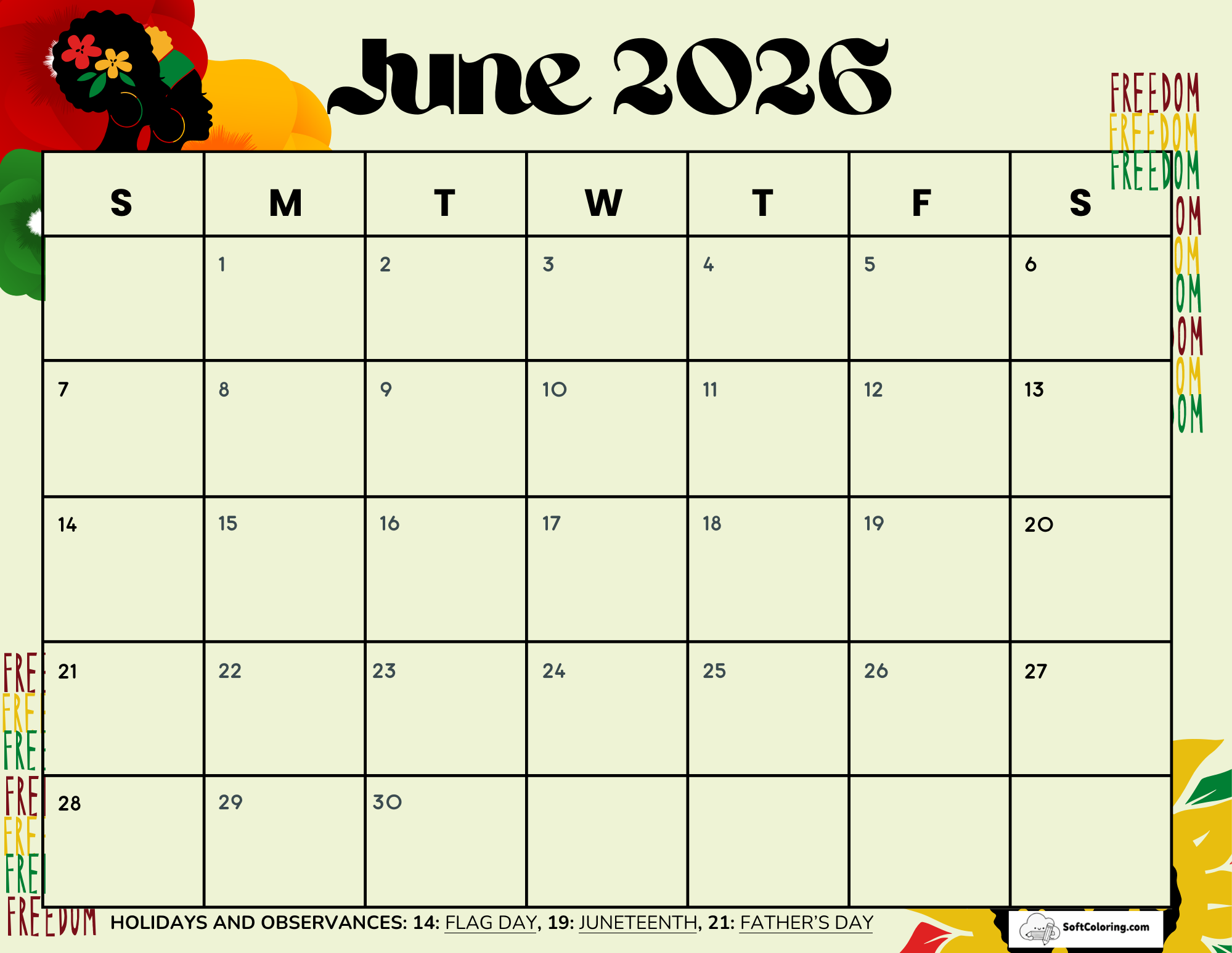 June 2026 Calendar Printable Juneteenth Landscape V2