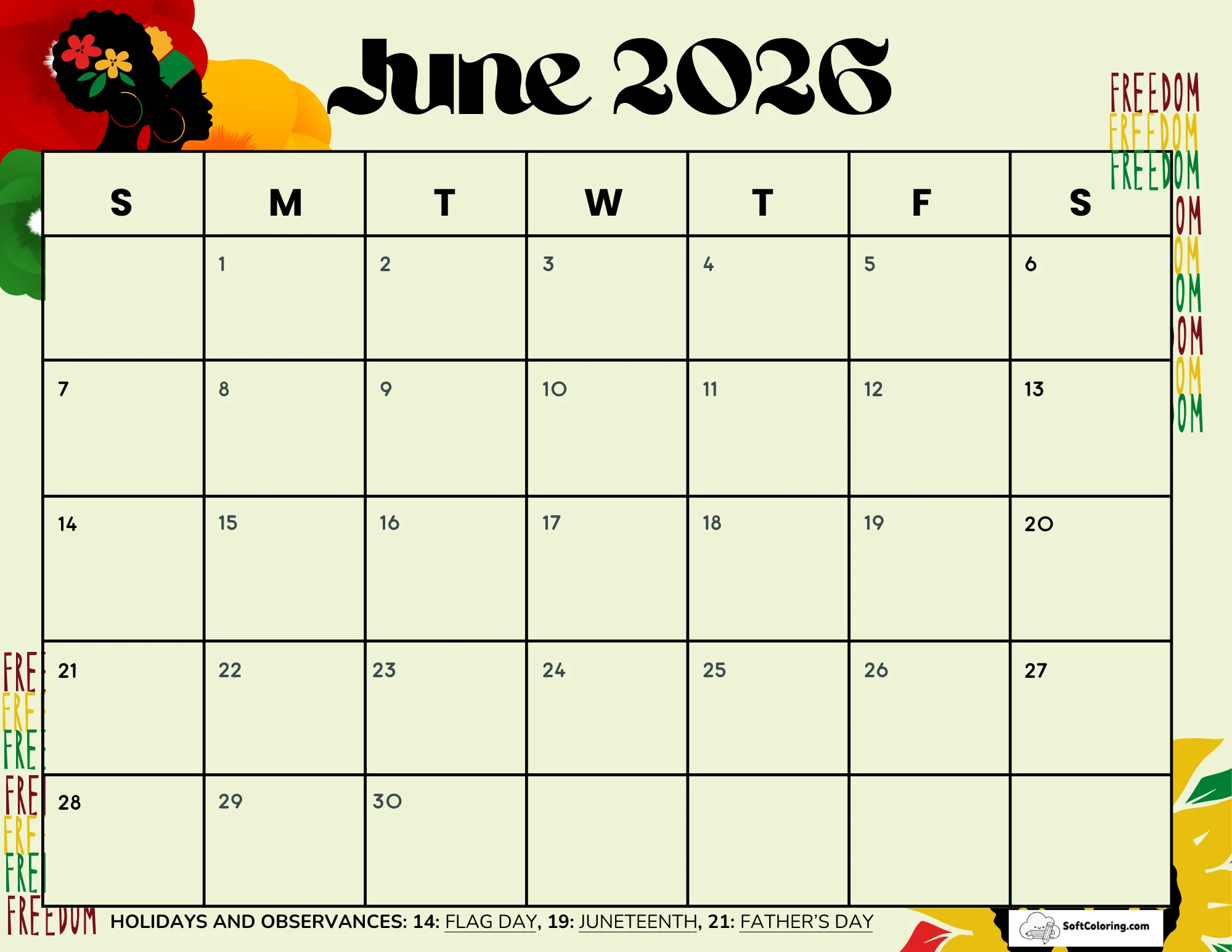 June 2026 Calendar Printable Juneteenth Landscape V2