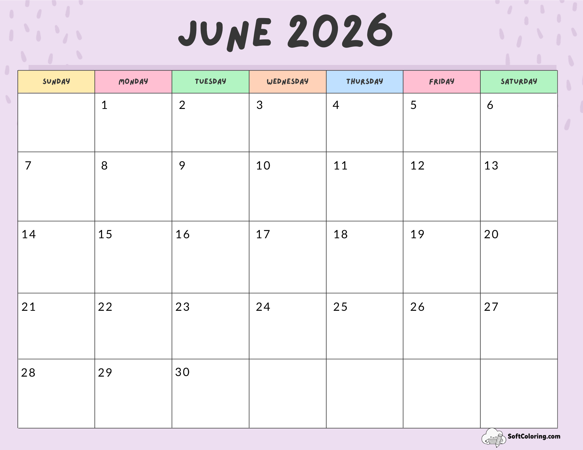 June 2026 Calendar Printable Colorful Landscape V2