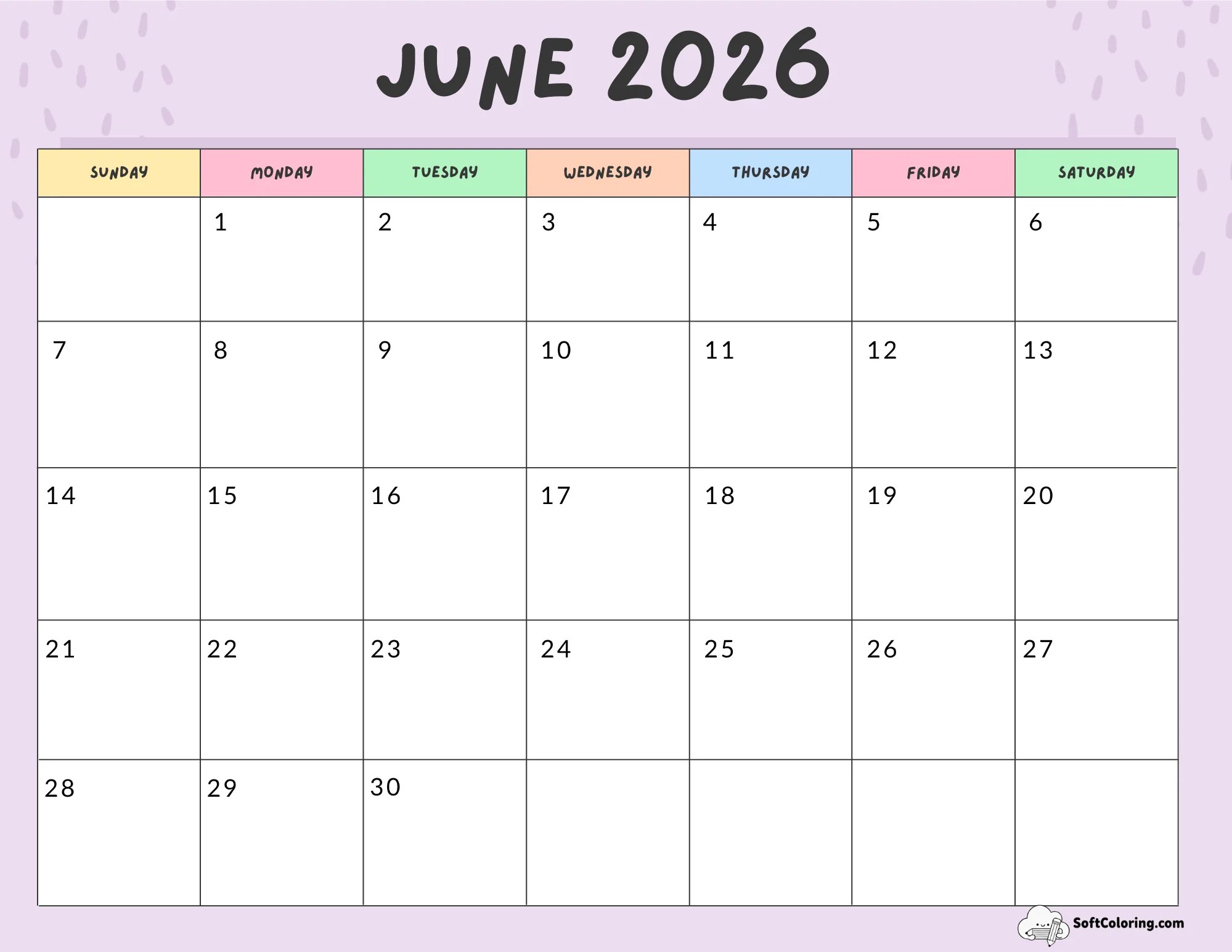 June 2026 Calendar Printable Colorful Landscape V2