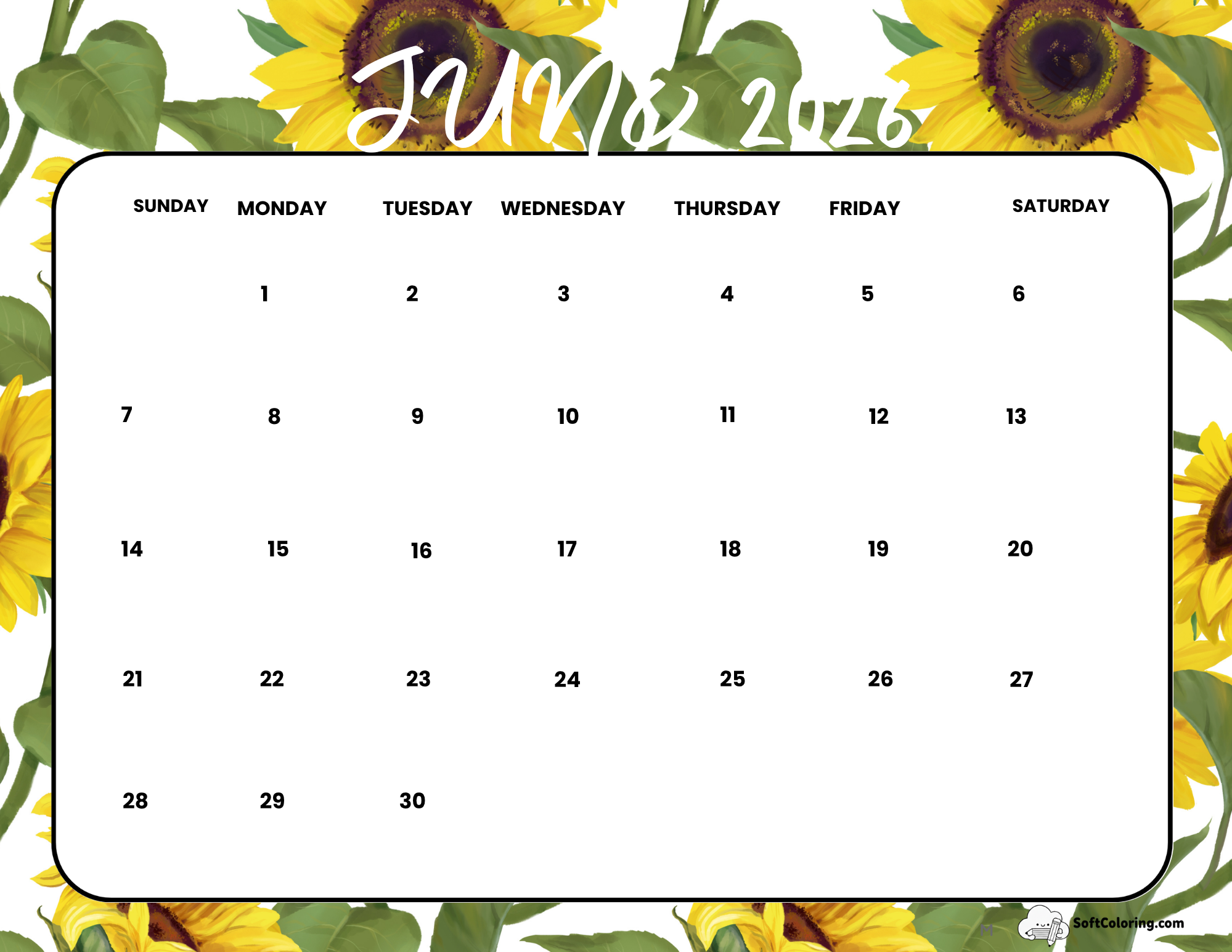 June 2026 Calendar Printable Sunflowers Landscape