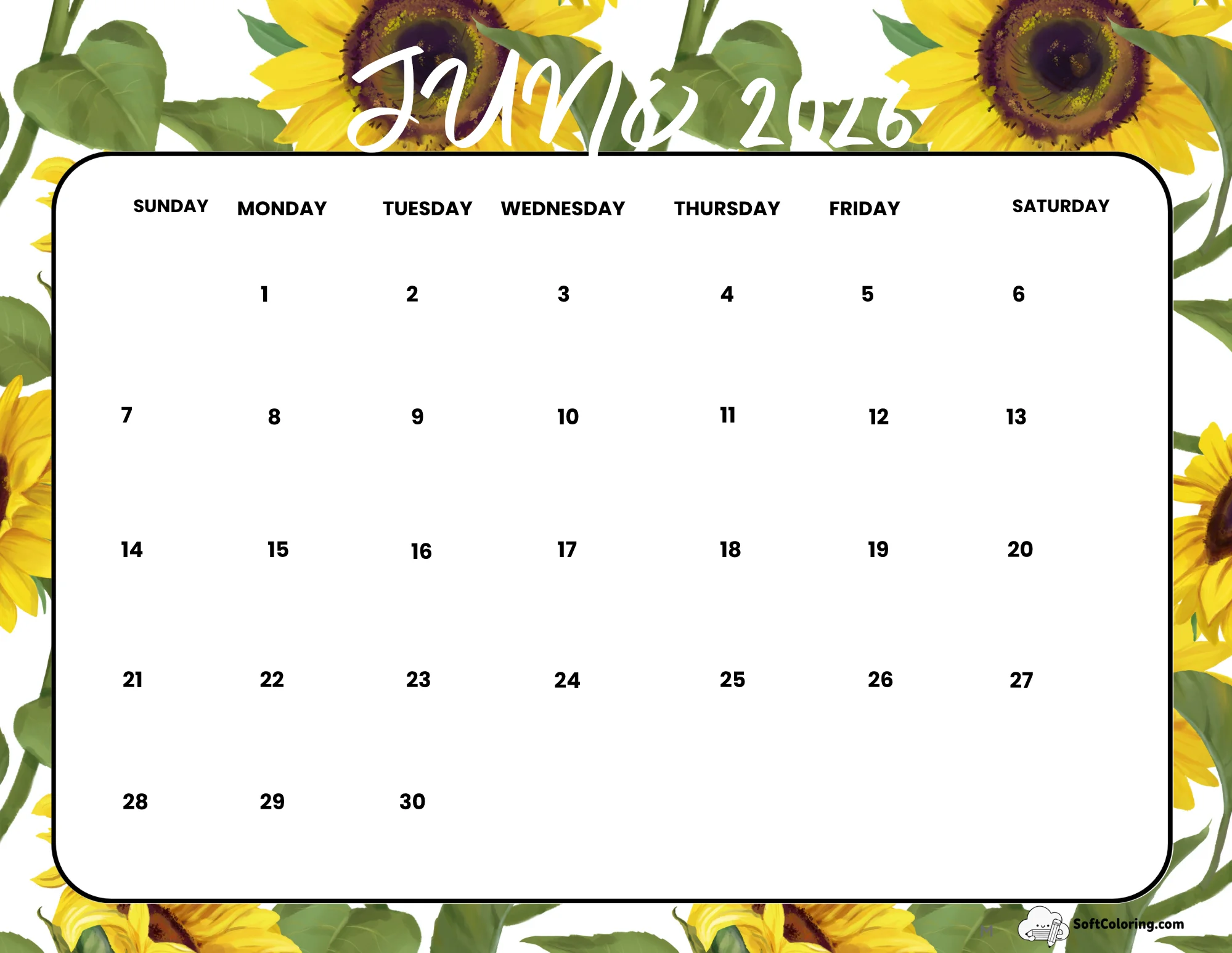 June 2026 Calendar Printable Sunflowers Landscape