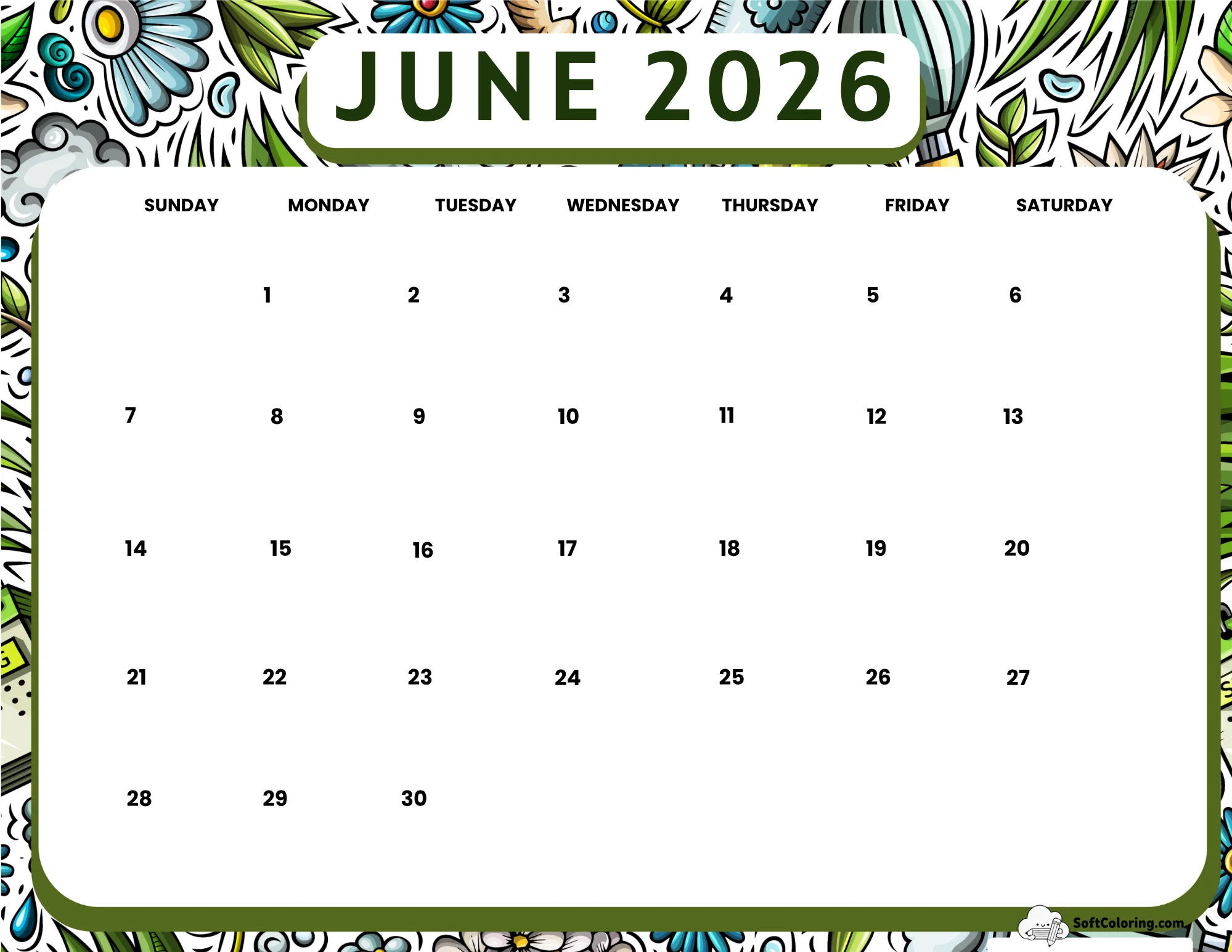 June 2026 Calendar Printable Spring Landscape V2