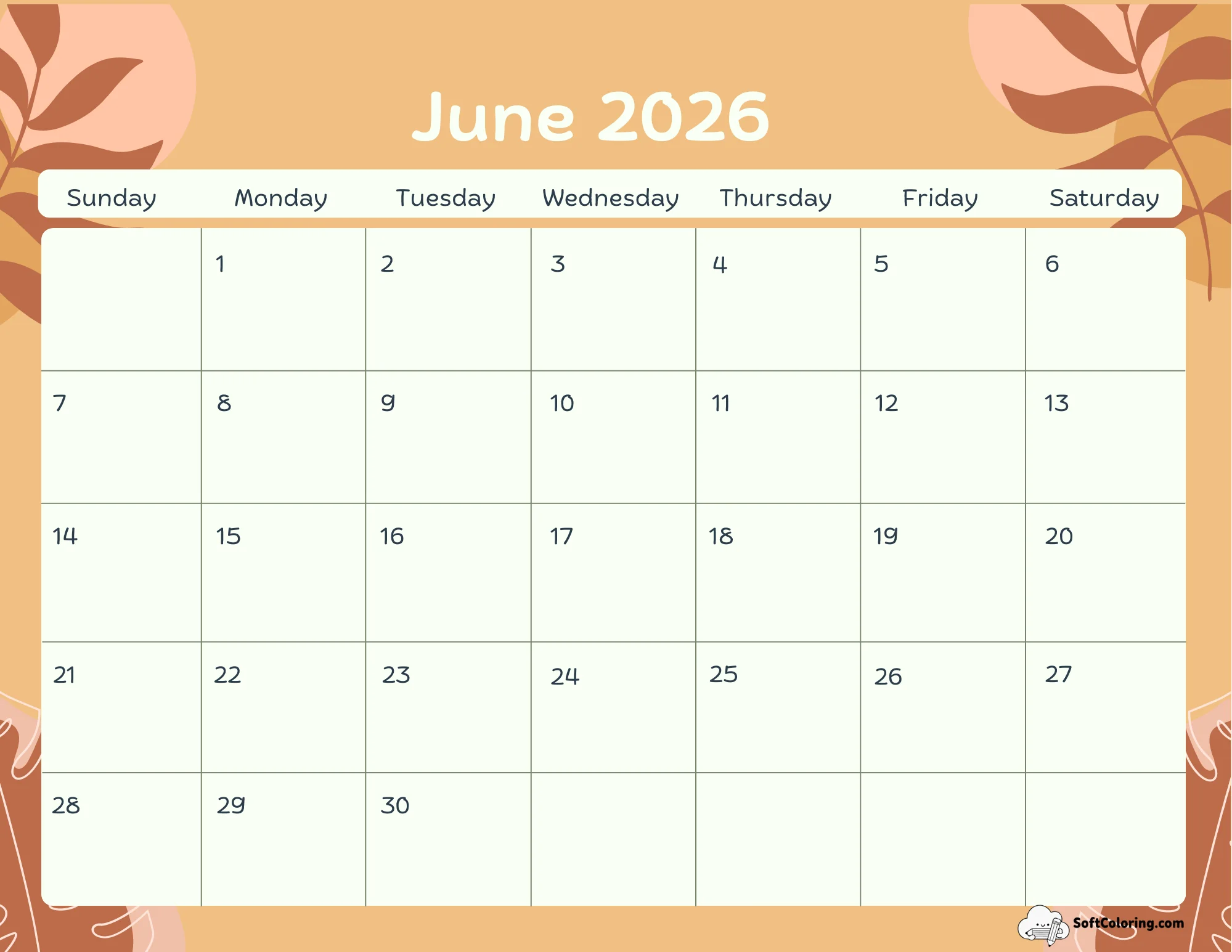 June 2026 Calendar Printable Terracotta Landscape