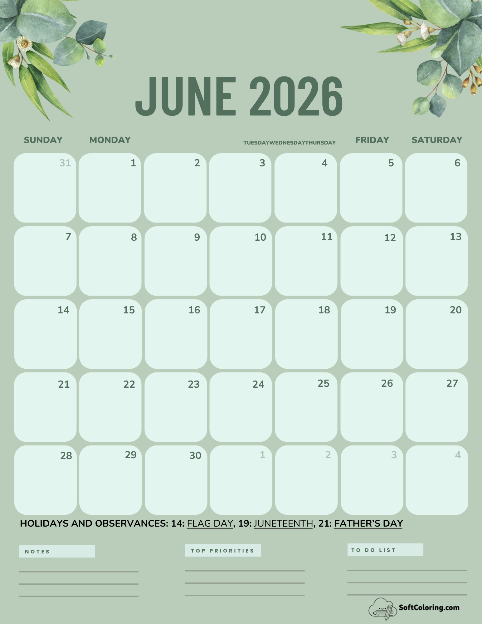 June 2026 Calendar Printable Green Portrait