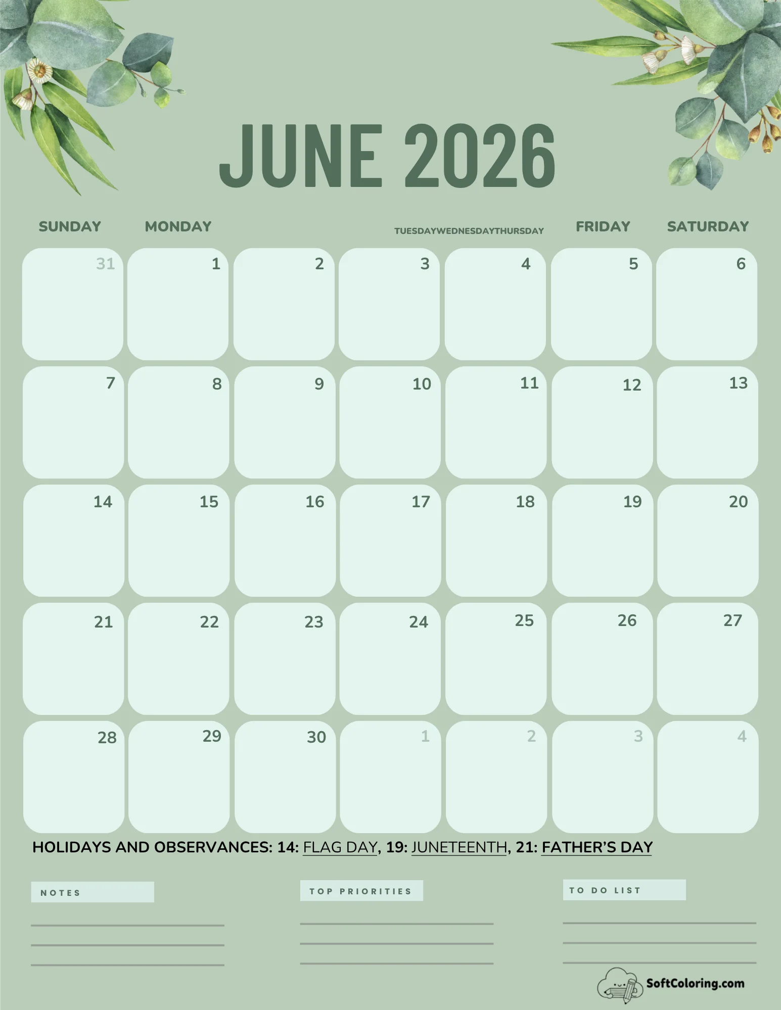 June 2026 Calendar Printable Green Portrait