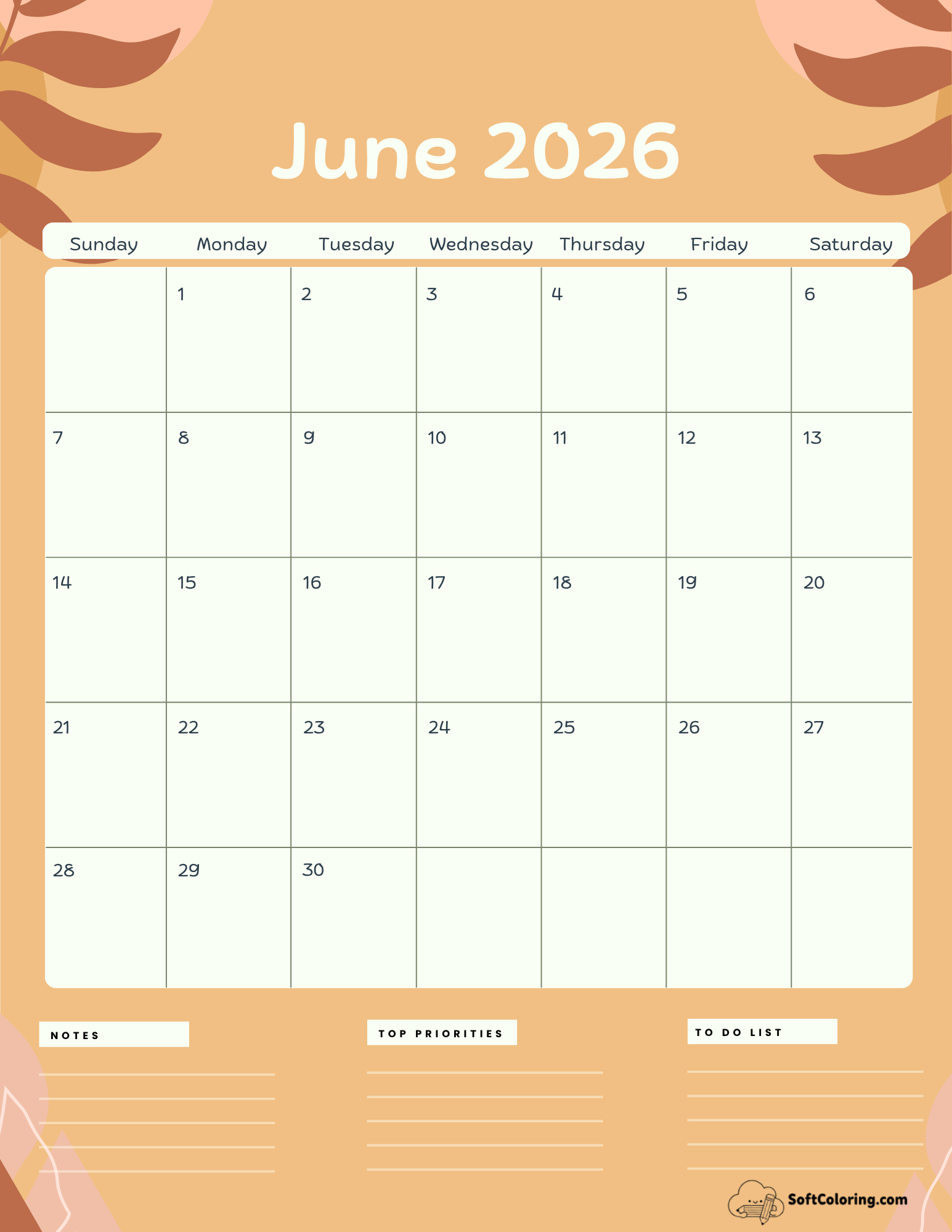 June 2026 Calendar Printable Terracotta Portrait