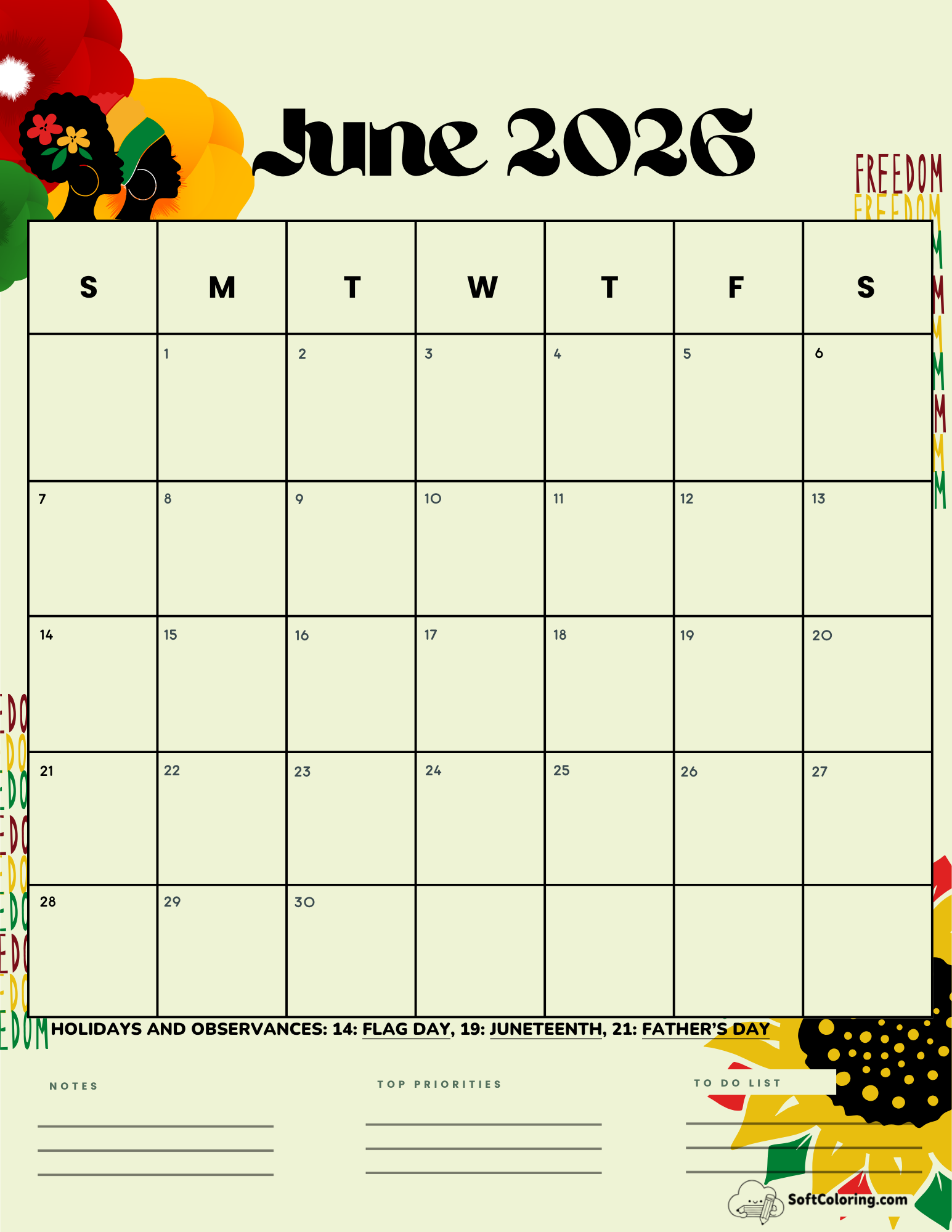 June 2026 Calendar Printable Juneteenth Portrait