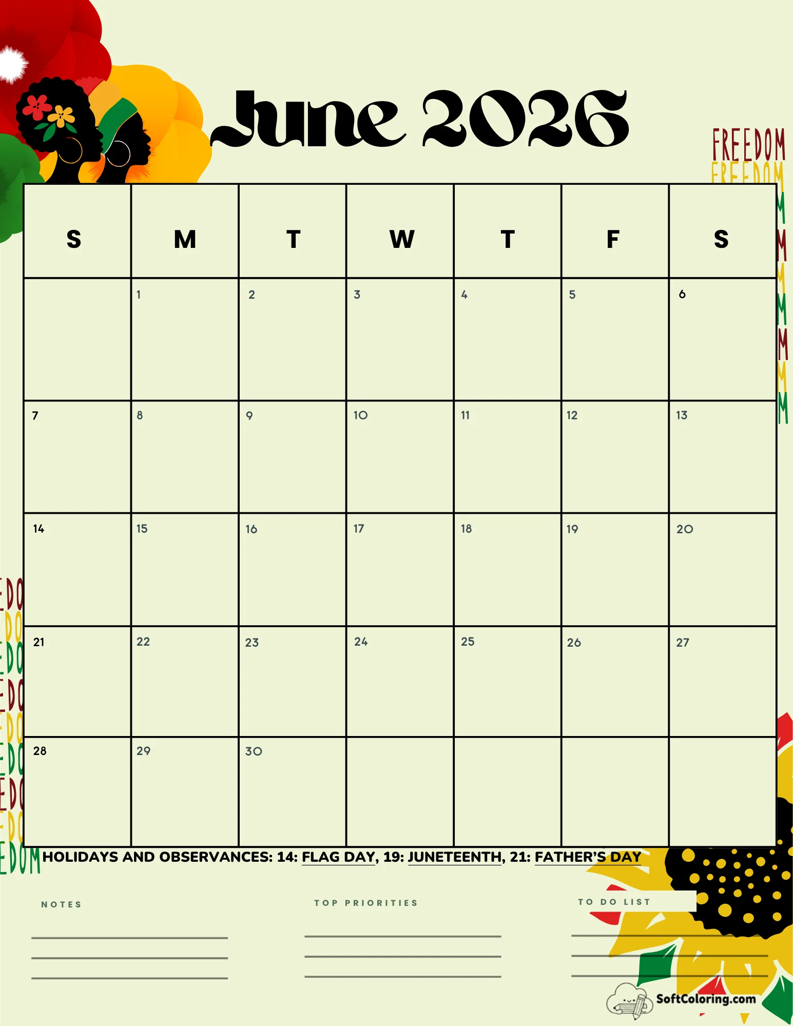 June 2026 Calendar Printable Juneteenth Portrait