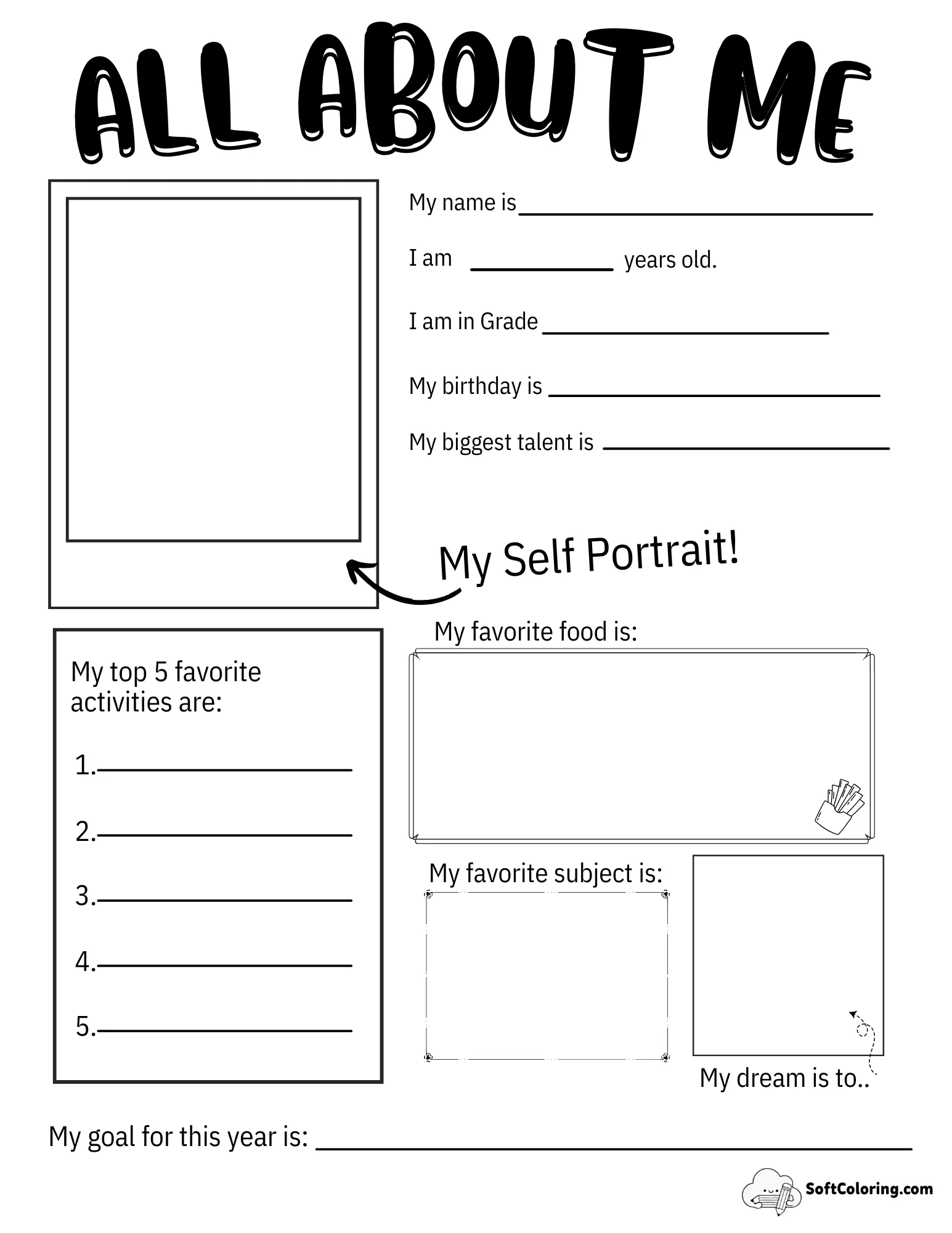 All About Me Coloring And Drawing Template