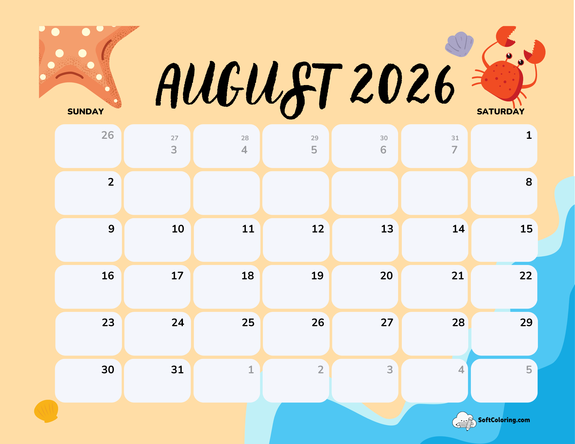 August 2026 Calendar Printable Beach Landscape